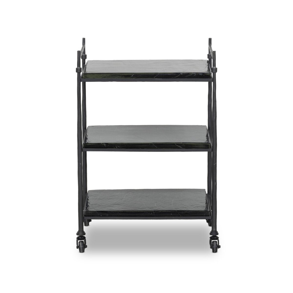 The Teagan Bar Cart is a three-tiered rolling cart measuring 23.00″w x 15.50″d x 33.00″h, featuring a black metal frame and three flat, dark shelves on casters.