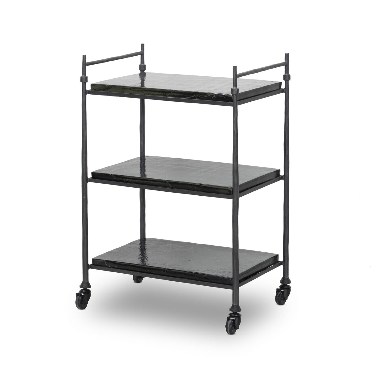 Teagan Bar Cart featuring a three-tier design with a dark metal frame, black stone shelves, and rolling casters, measuring 23.00″w x 15.50″d x 33.00″h.