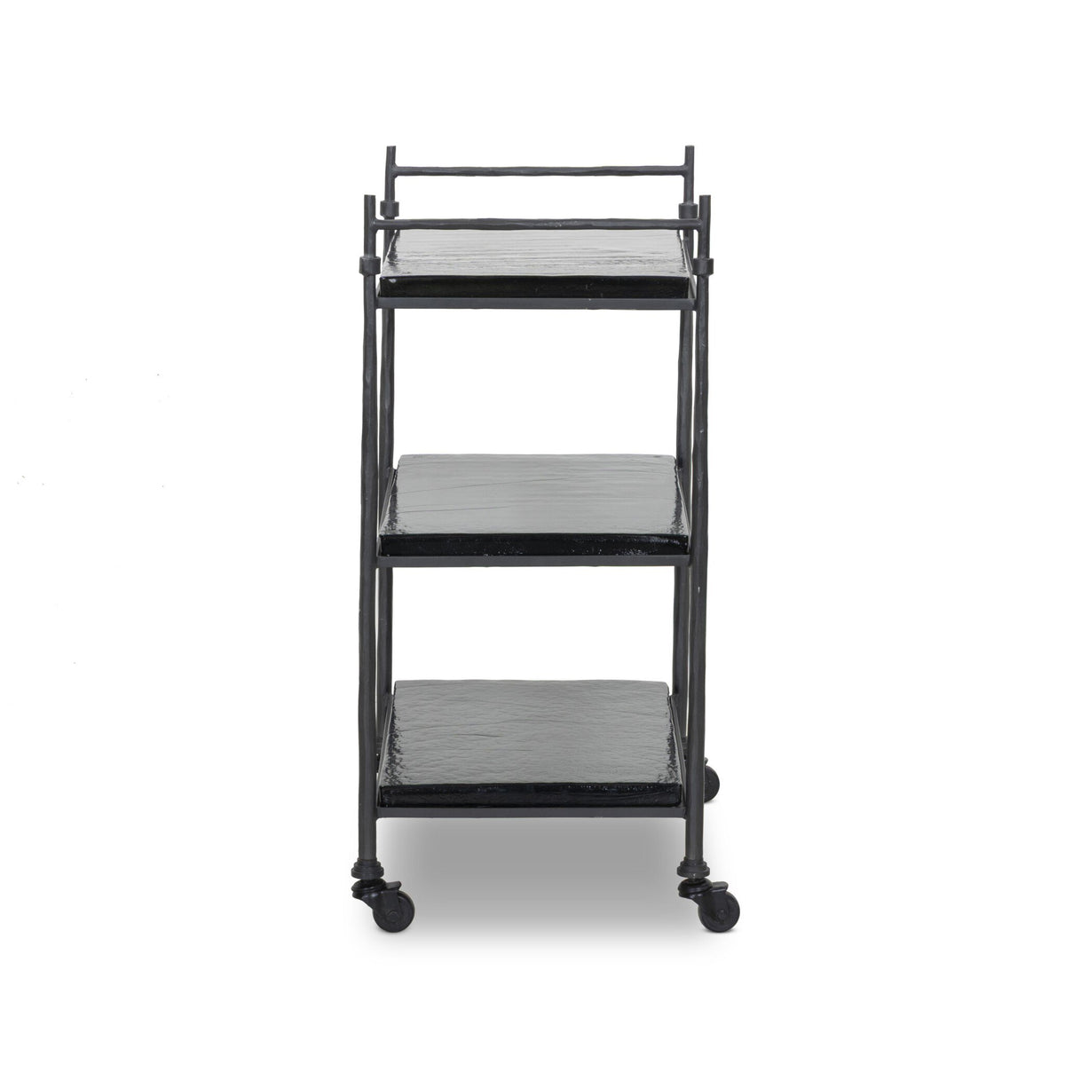 The Teagan Bar Cart is a three-tiered rectangular rolling cart with a dark metal frame and black shelves on casters, measuring 23.00″w x 15.50″d x 33.00″h.