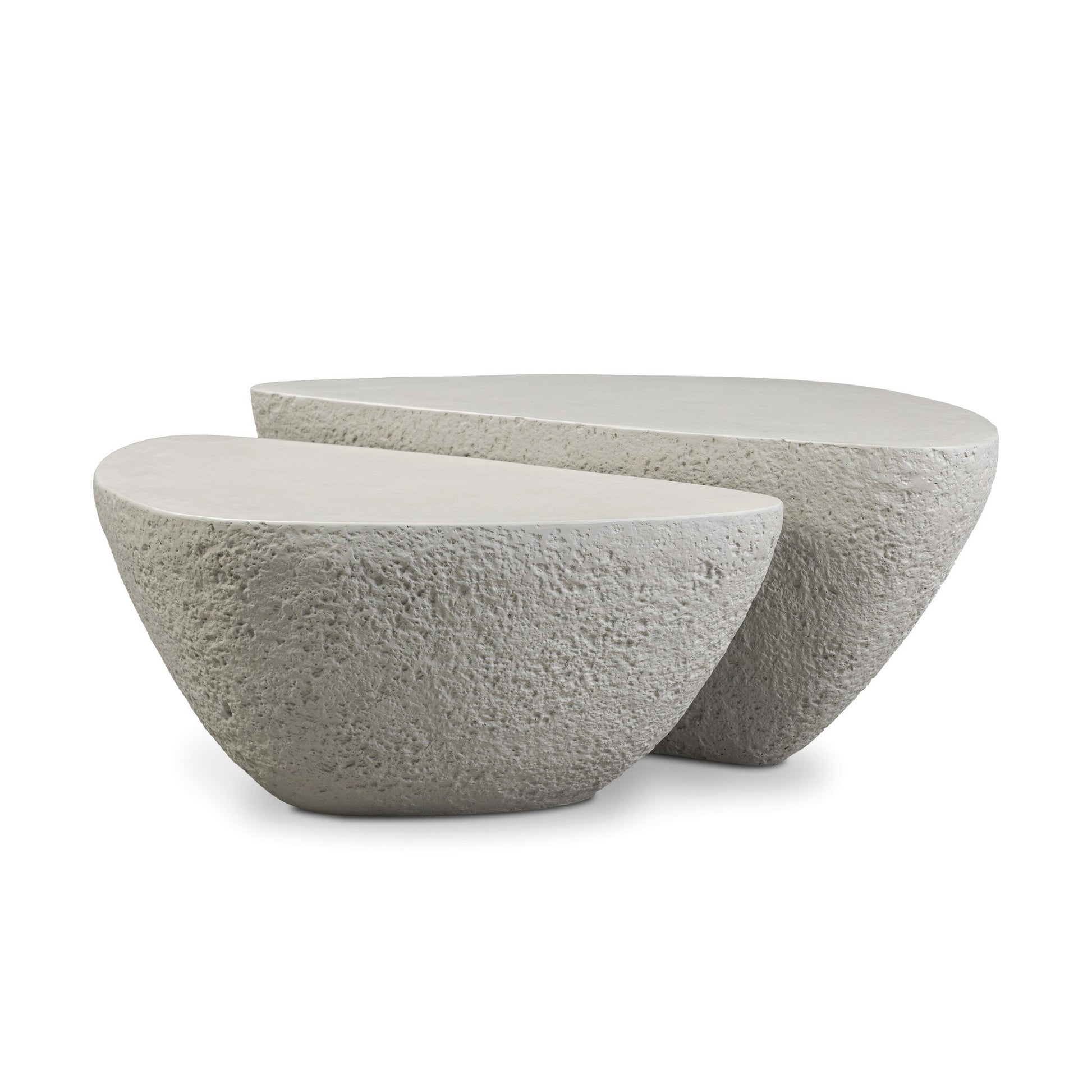 The Concrete Organic Nesting | Outdoor Coffee Tables feature two sculptural, half-moon tables with a rough concrete finish, creating a minimalist, abstract look—ideal for enhancing your outdoor living space.