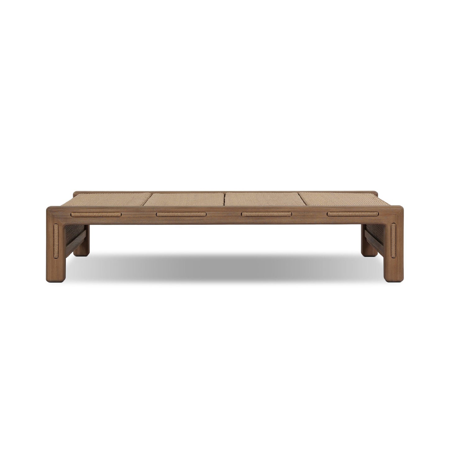 The FSC-Certified Teak Woven Slats Outdoor Coffee Table features a rectangular shape, smooth edges, flat surface, sturdy wooden frame, and minimalist mock-slat design in a medium brown finish.