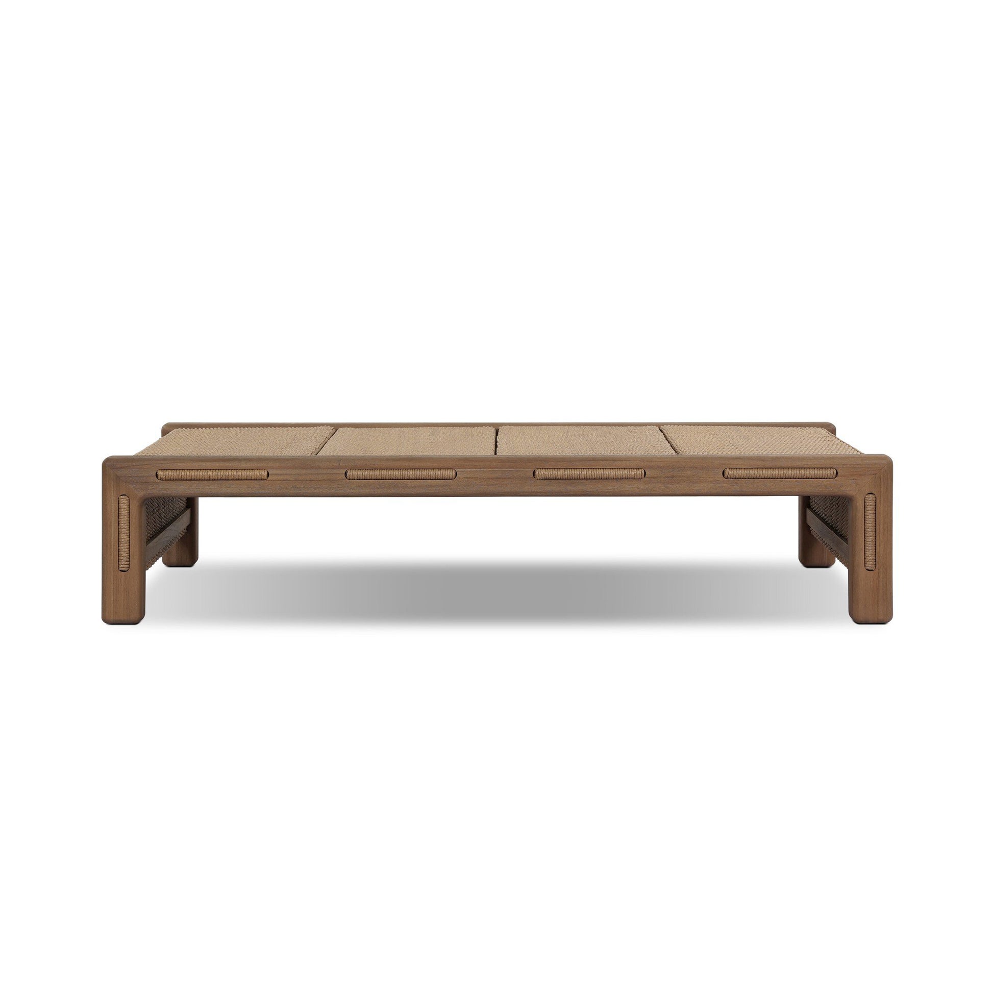 The FSC-Certified Teak Woven Slats Outdoor Coffee Table features a rectangular shape, smooth edges, flat surface, sturdy wooden frame, and minimalist mock-slat design in a medium brown finish.