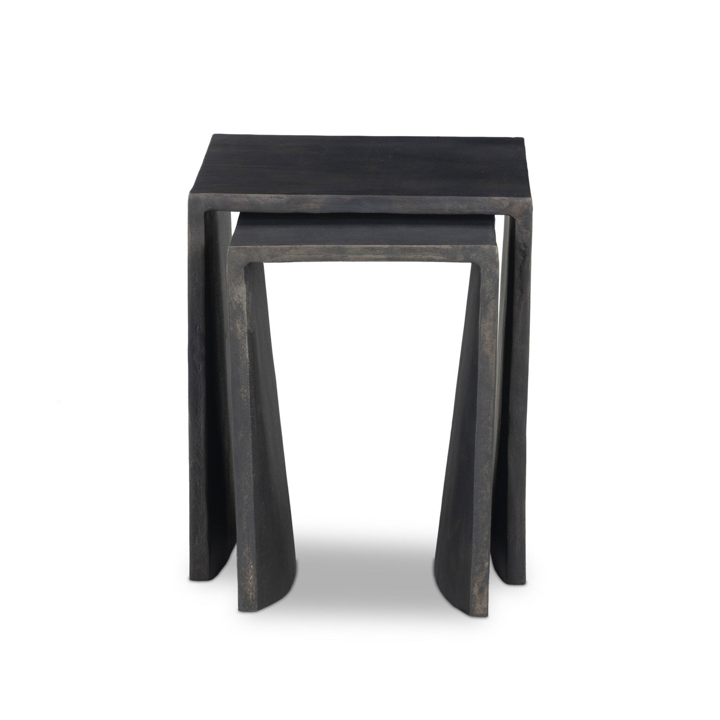 The Aluminum Curved Legs | Outdoor Nesting End Tables feature two modern black square-top tables with wide, flared legs. The smaller table fits under the larger one. Both are cast aluminum and shown against a white background.