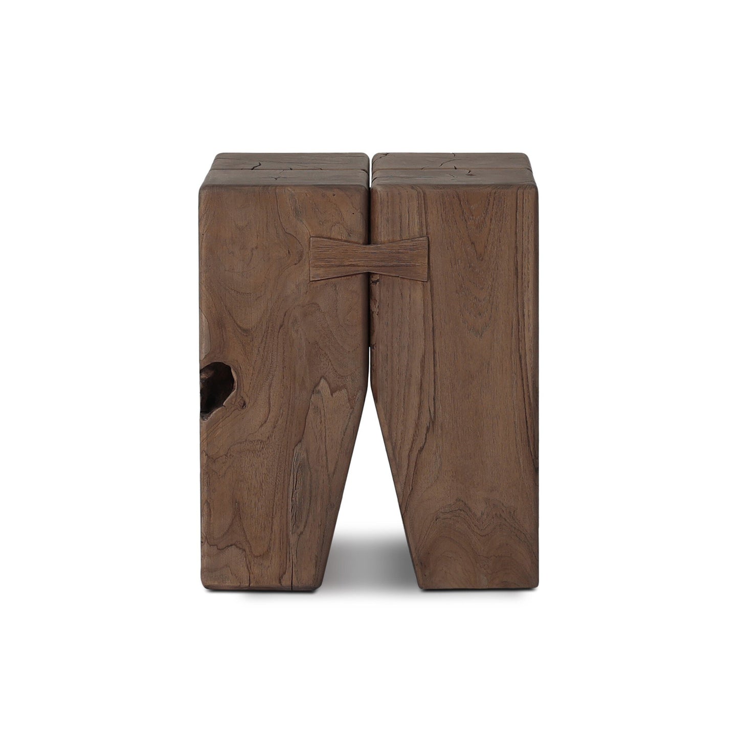 The Solid Teak Tiered Pillar | Outdoor End Table features two rectangular blocks joined with a butterfly joint, crafted from FSC-certified teak and finished to highlight the wood’s natural grain.
