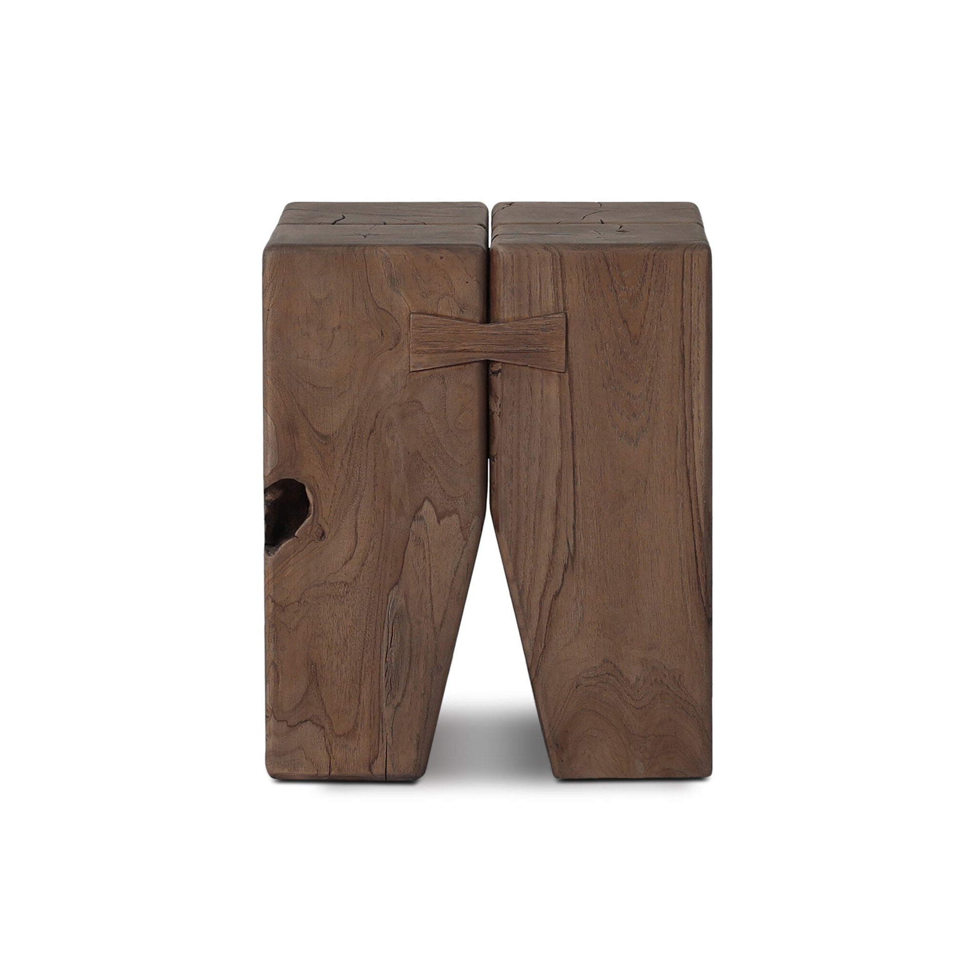 The Solid Teak Tiered Pillar | Outdoor End Table features two rectangular blocks joined with a butterfly joint, crafted from FSC-certified teak and finished to highlight the wood’s natural grain.