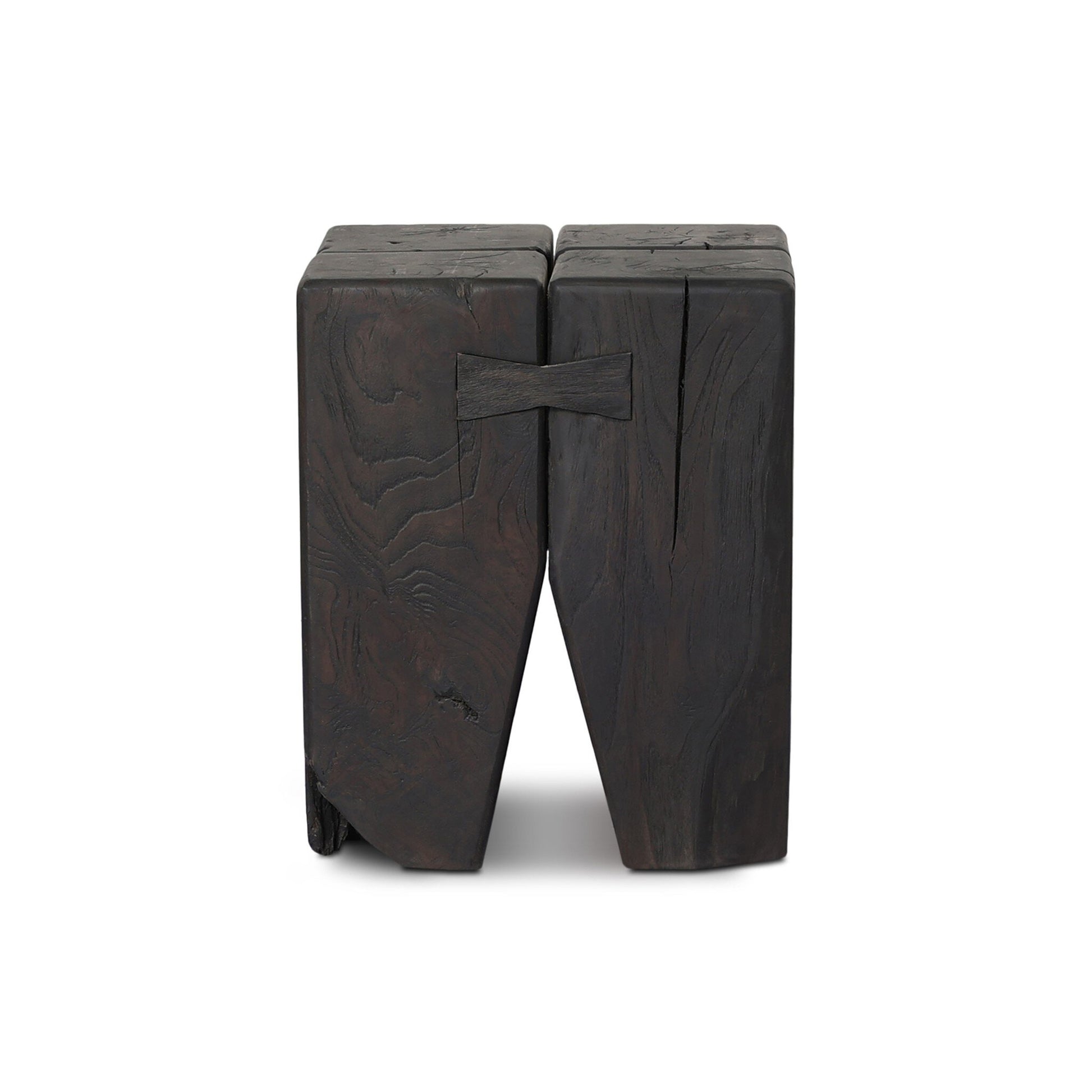 The FSC Teak Tiered Pillar Outdoor End Table, crafted from dark solid teak with visible grain, natural cracks, and a butterfly joint, captures the look of pillar-style furniture against a plain white background.