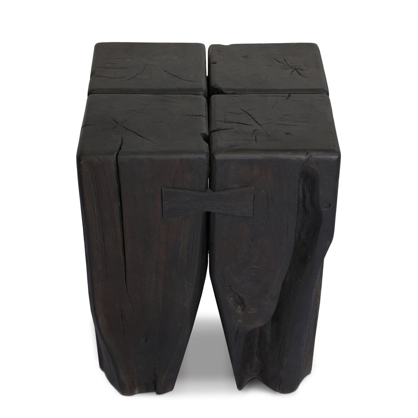 The FSC Teak Tiered Pillar | Outdoor End Table features four roughly-hewn solid teak blocks joined with a butterfly joint, visible cracks, and uneven edges for rustic charm—perfect as a unique outdoor end table or pillar-style accent.