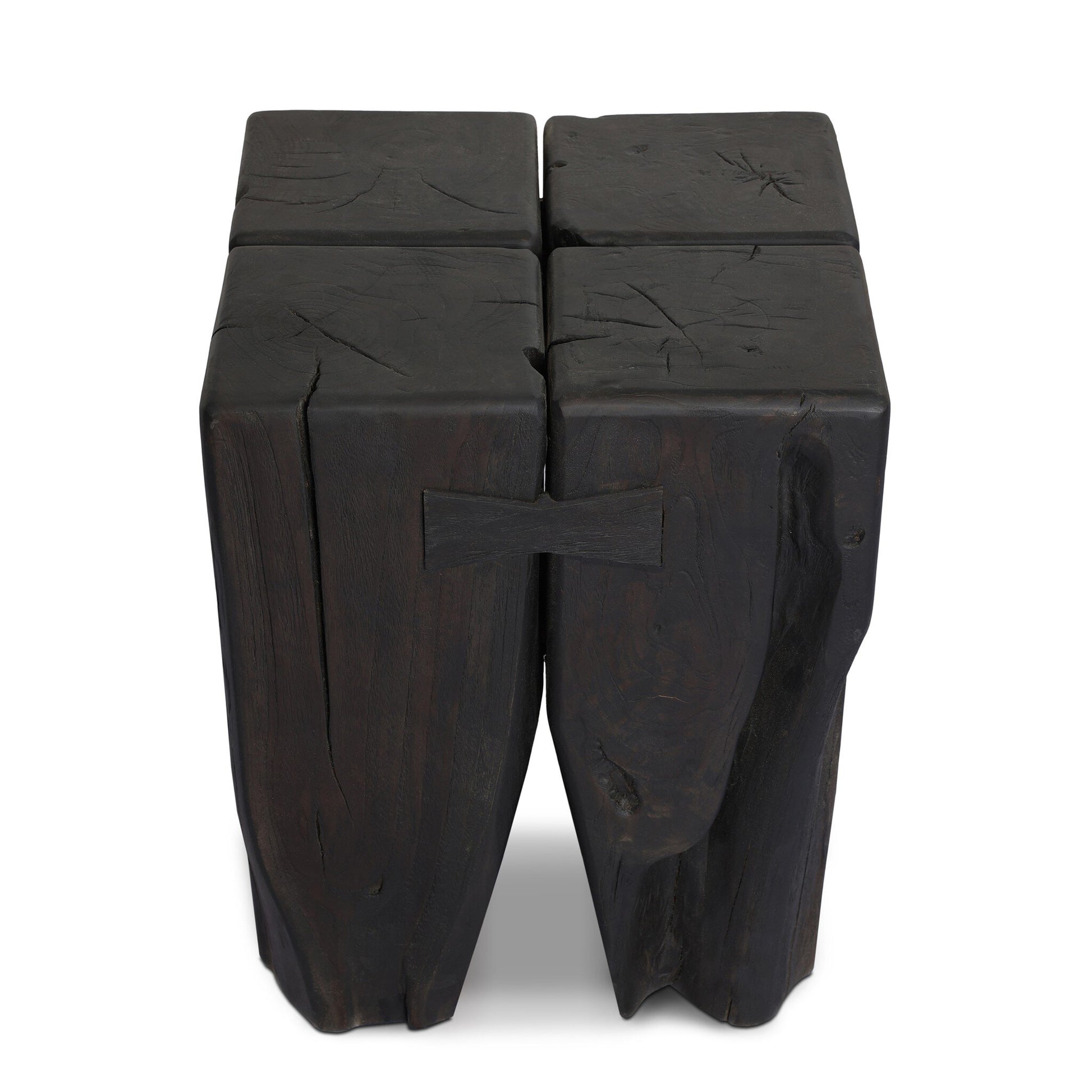 The FSC Teak Tiered Pillar | Outdoor End Table features four roughly-hewn solid teak blocks joined with a butterfly joint, visible cracks, and uneven edges for rustic charm—perfect as a unique outdoor end table or pillar-style accent.