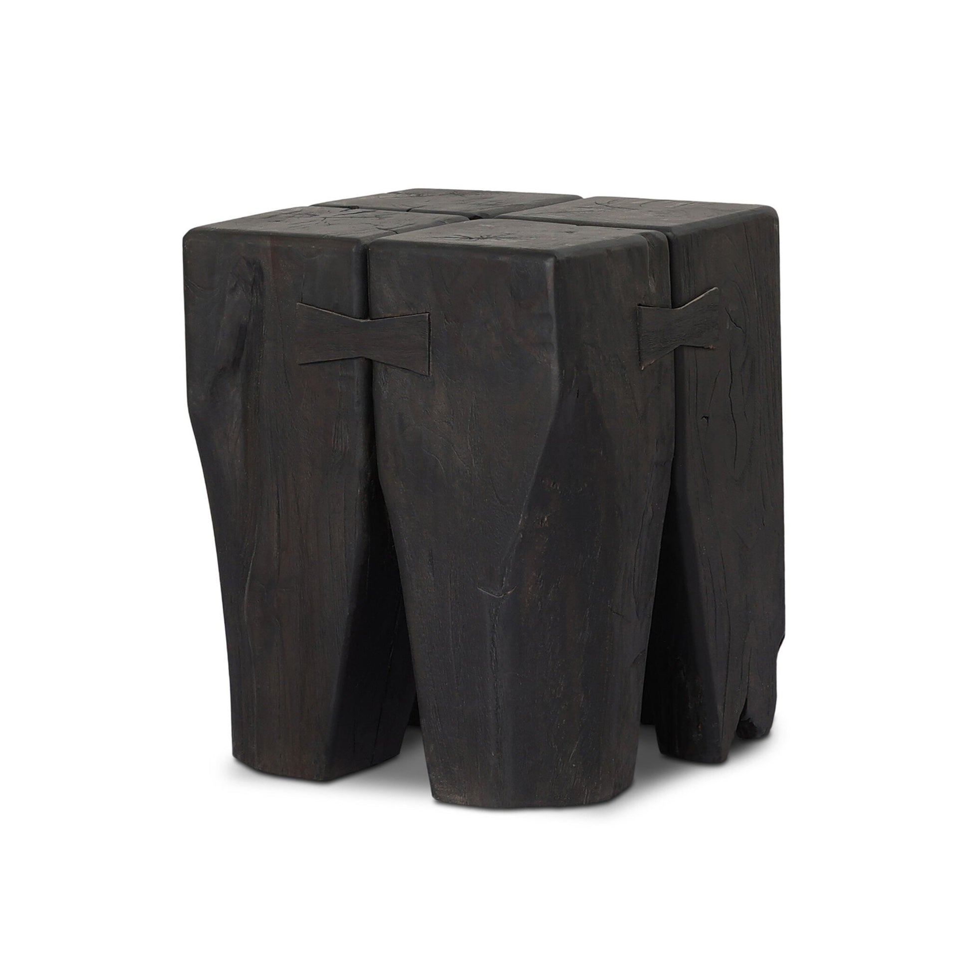 The FSC Teak Tiered Pillar Outdoor End Table features a dark solid teak build with a square top, chunky uneven legs, and butterfly joint accents for a rustic handmade look—ideal as an outdoor end table or unique accent piece.