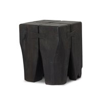 The Oshan Outdoor End Table features a dark, square wooden design with four thick, tapered legs and minimalist appeal. Measuring 17"W x 17"D x 20"H, it adds a bold yet functional accent to any space.