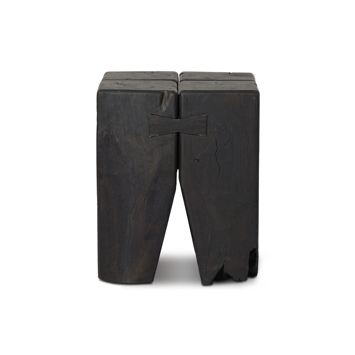 The Oshan Outdoor End Table is a dark wooden stool measuring 17"W x 17"D x 20"H, featuring a split top with a butterfly joint and finished in a rustic, natural style.