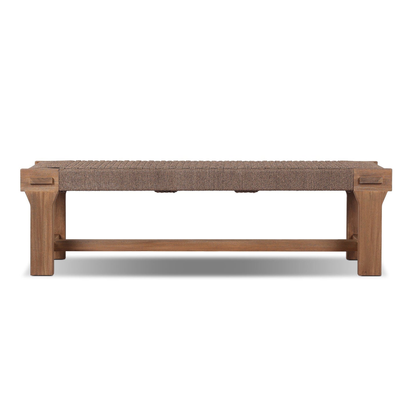 The FSC-Certified Teak Weave Detail Outdoor Bench features a woven seat, solid teak frame, sturdy square legs, and a crossbar, showcasing Indonesian-inspired design against a crisp white background.