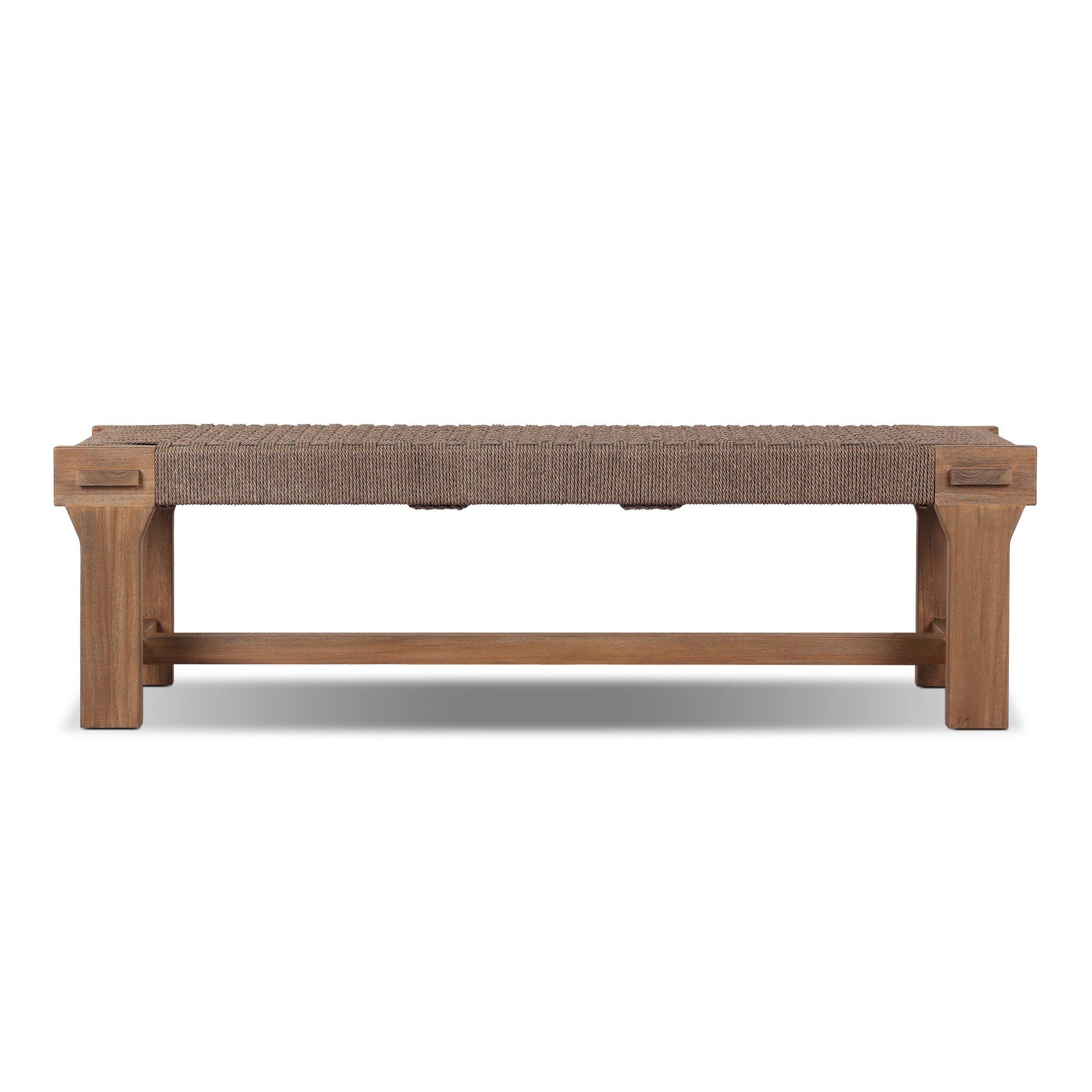 The FSC-Certified Teak Weave Detail Outdoor Bench features a woven seat, solid teak frame, sturdy square legs, and a crossbar, showcasing Indonesian-inspired design against a crisp white background.