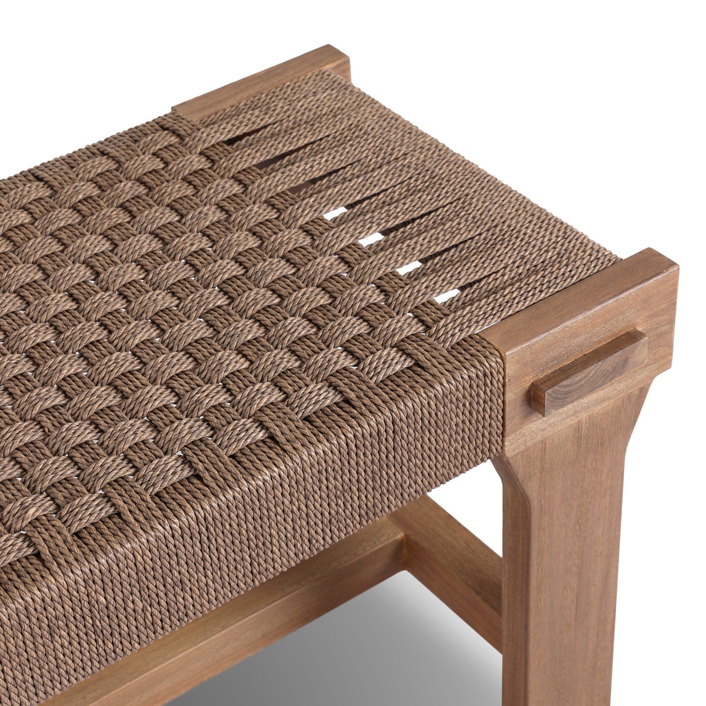 Close-up of the FSC-Certified Teak Weave Detail | Outdoor Bench, featuring a checkerboard rope weave, detailed craftsmanship, solid teak construction, and subtle Indonesian style.