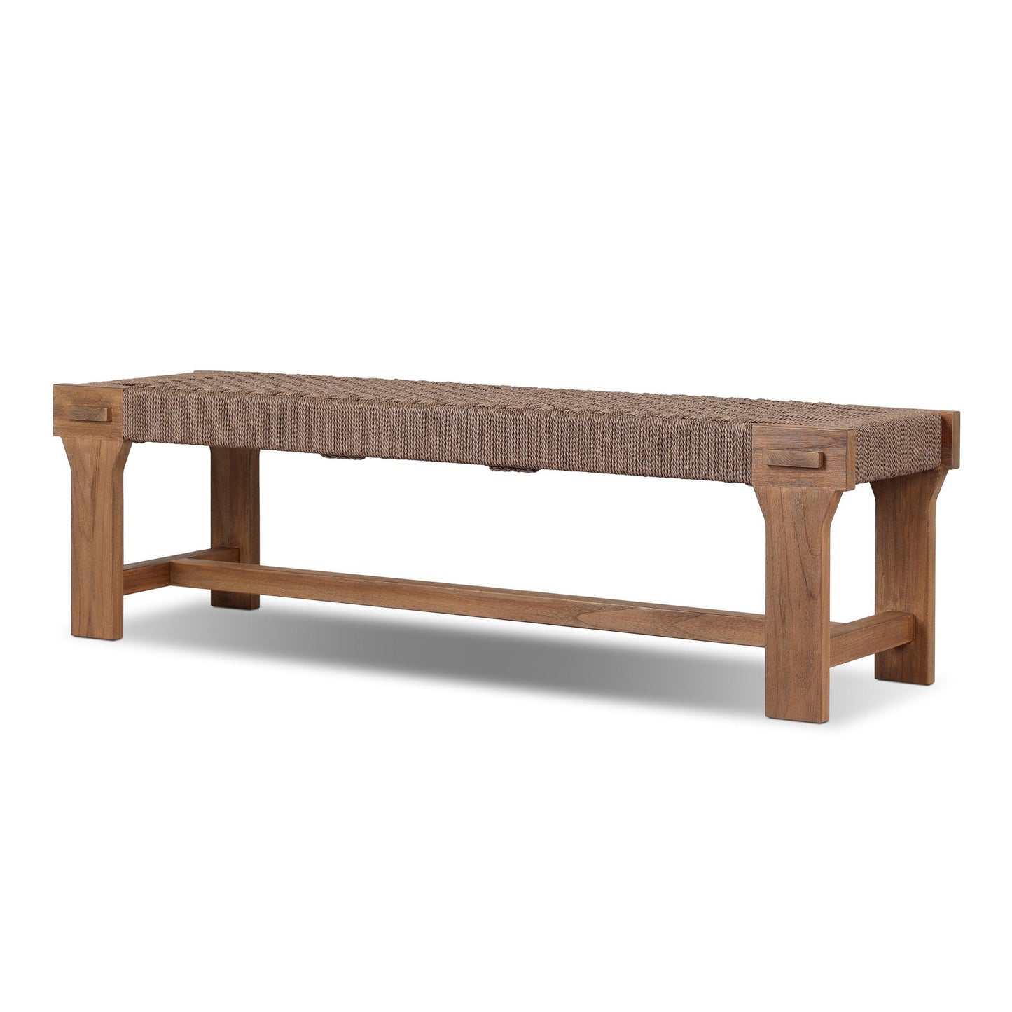 The FSC-Certified Teak Weave Detail Outdoor Bench features a woven brown seat, sturdy rectangular legs, and a support bar for stability. Made from solid teak, its simple contemporary design is inspired by Indonesian aesthetics.