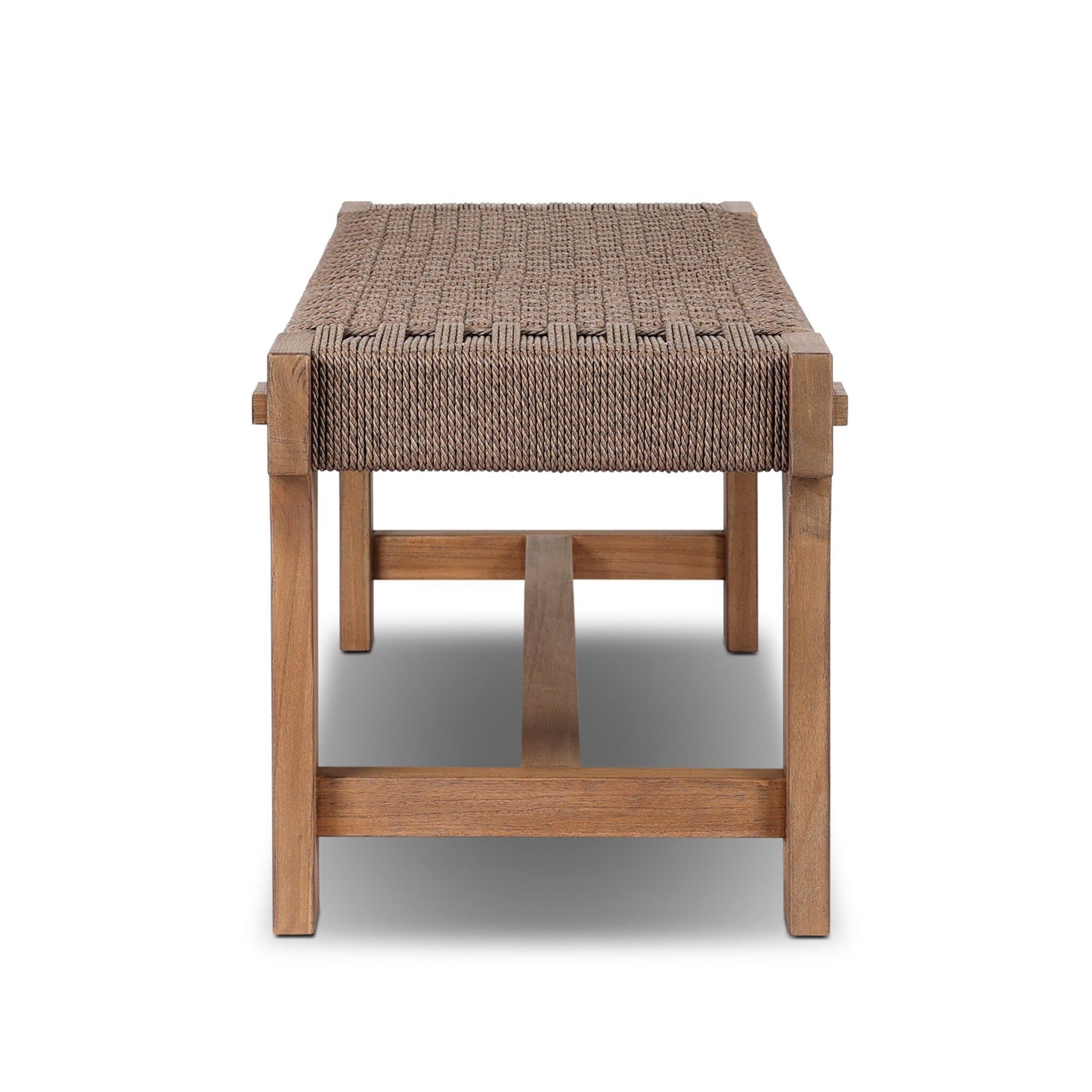 The FSC-Certified Teak Weave Detail | Outdoor Bench features a solid teak frame and brown rope woven seat. Viewed from the front against a white background, its straight legs reflect simple, Indonesian-inspired design.