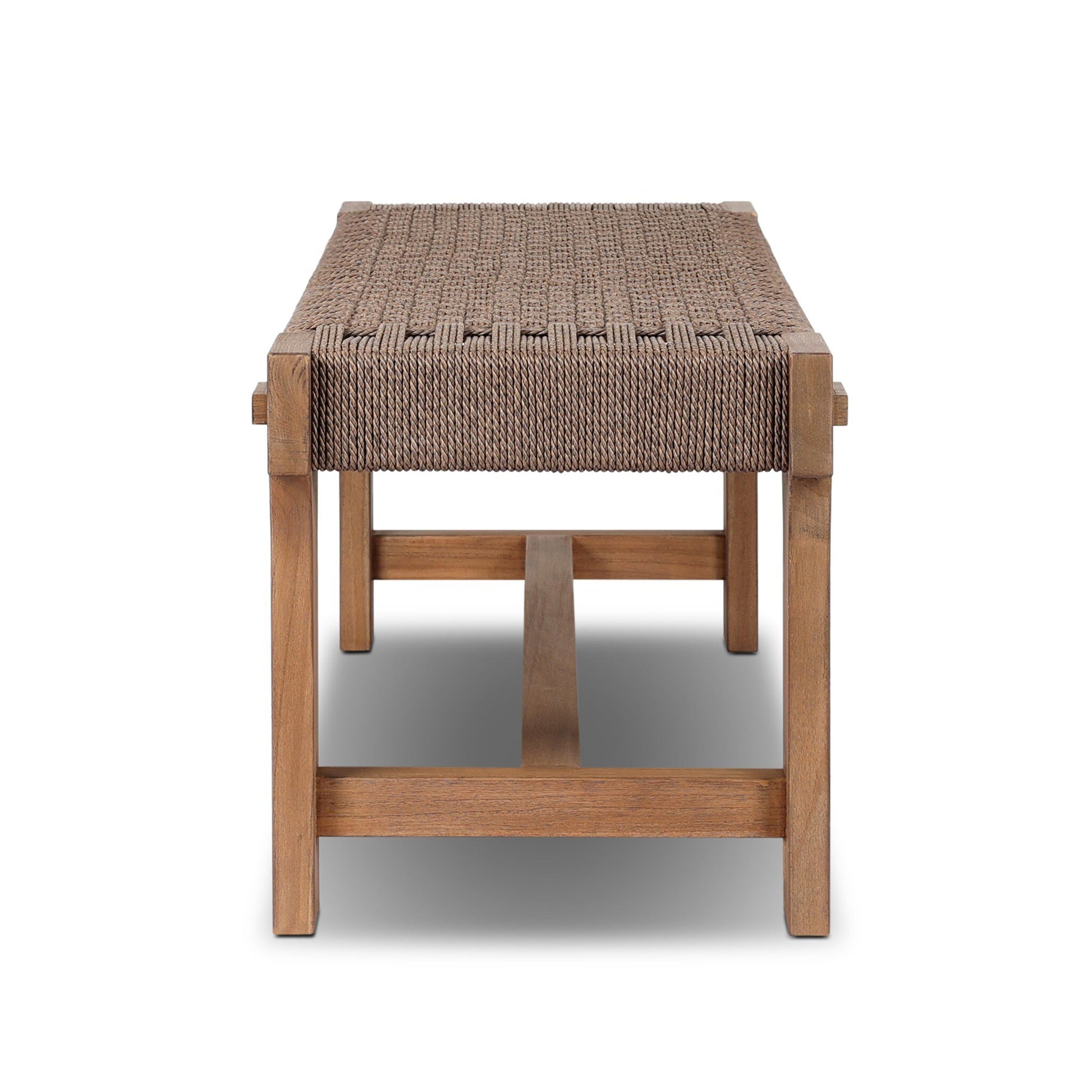 The FSC-Certified Teak Weave Detail | Outdoor Bench features a solid teak frame and brown rope woven seat. Viewed from the front against a white background, its straight legs reflect simple, Indonesian-inspired design.