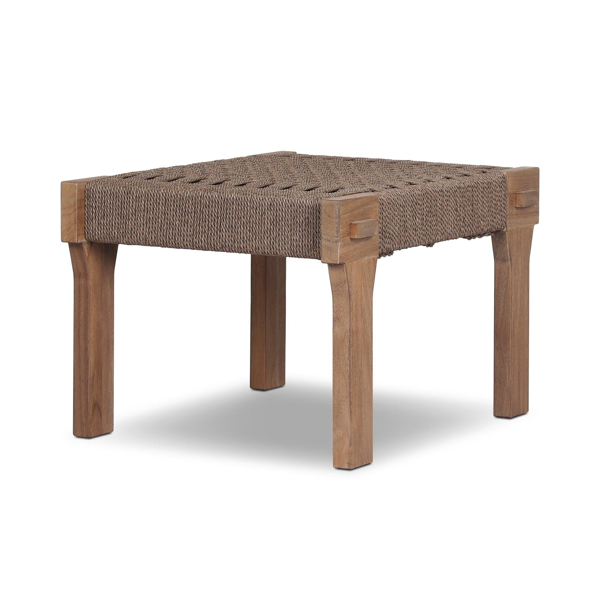 The Woven Teak | Handcrafted Outdoor Accent Stool features a square FSC-certified teak frame, four sturdy legs, and a woven brown seat, displayed against a plain white background.