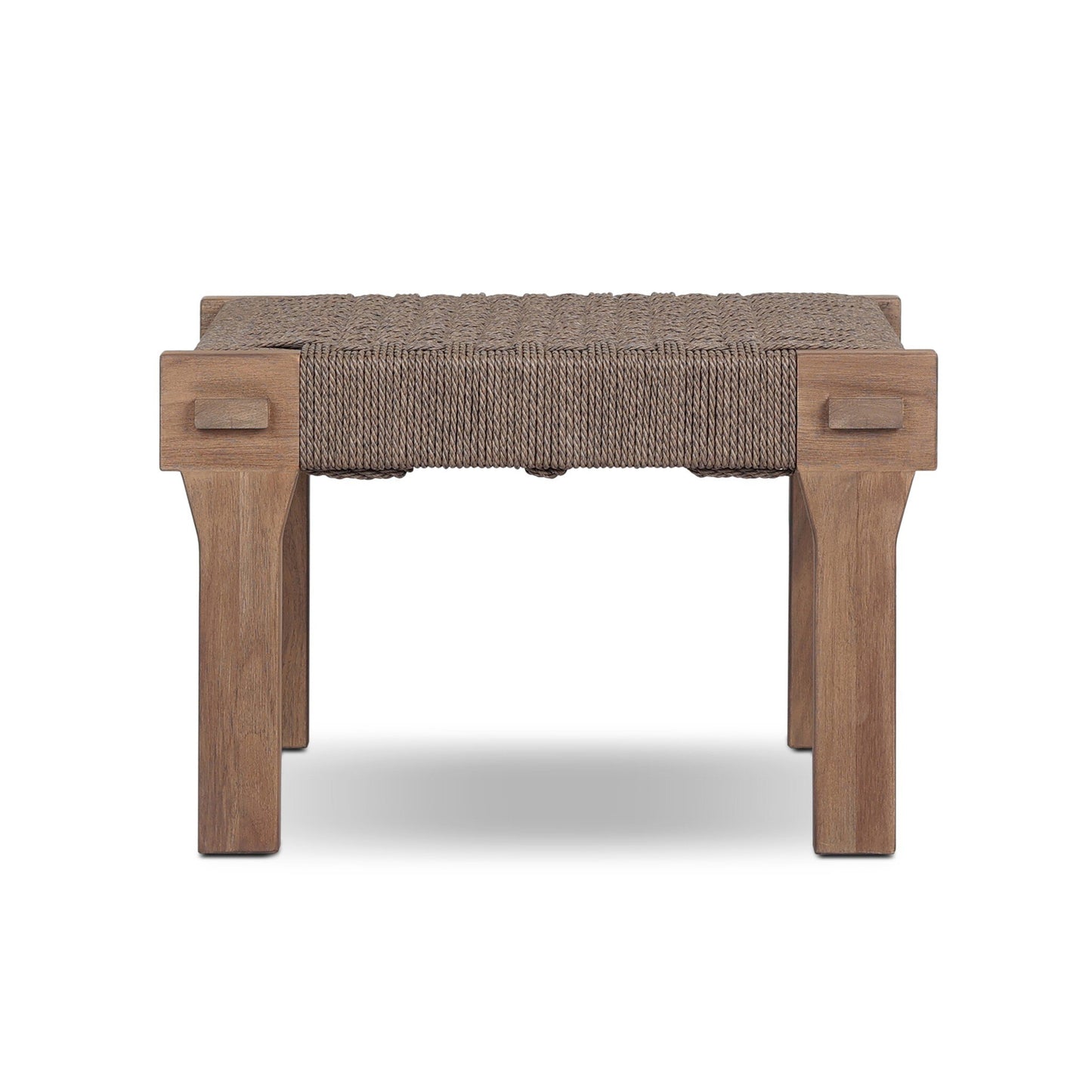 The Woven Teak | Handcrafted Outdoor Accent Stool features a solid teak frame with four sturdy legs and a handwoven rope seat, shown here against a white background.