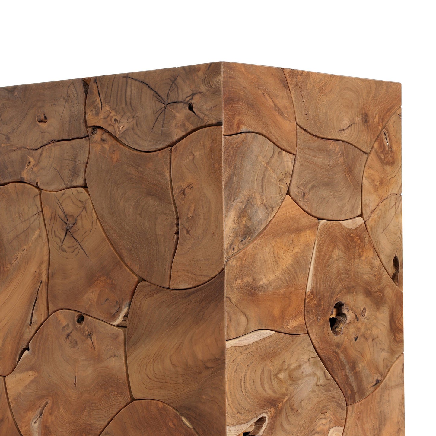 Close-up of the Solid Teak Sculptural Roots | Organic Console Table, featuring interlocking irregular teak pieces with visible grain and knots, creating a geometric, puzzle-like texture that exudes natural elegance.