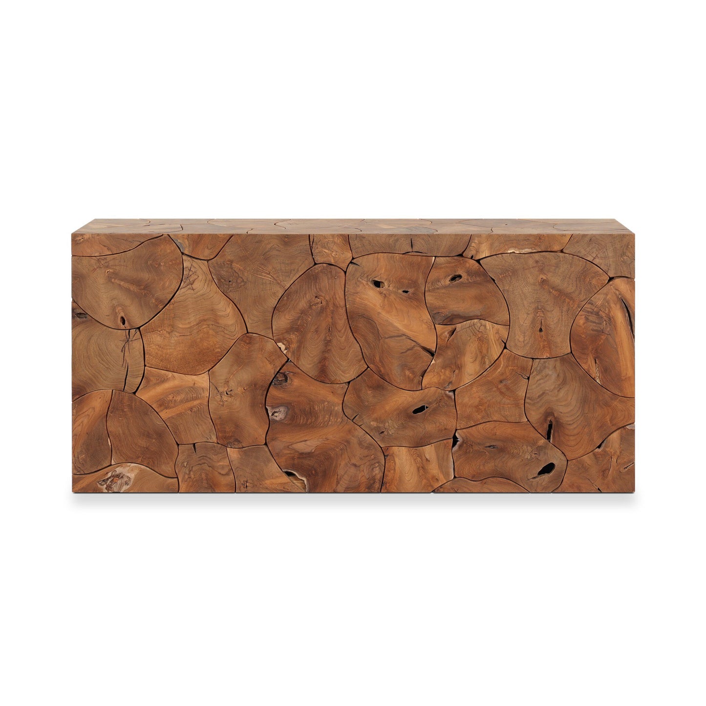 The Solid Teak Sculptural Roots | Organic Console Table showcases organic elegance with its rectangular form and laminated teak root, featuring visible grain patterns and knots for a unique mosaic-like surface.