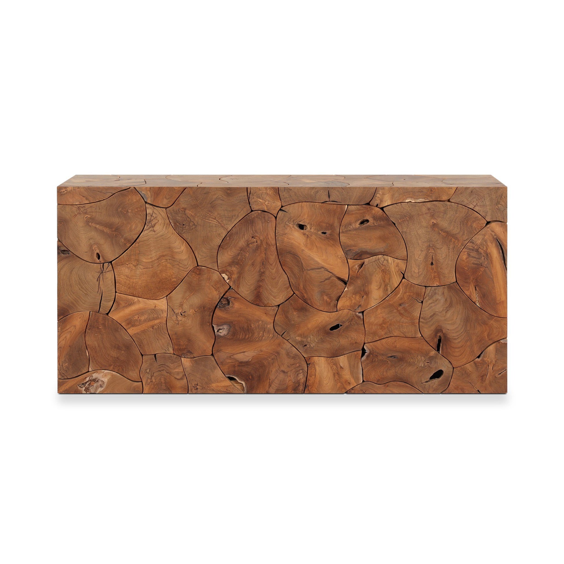 The Solid Teak Sculptural Roots | Organic Console Table showcases organic elegance with its rectangular form and laminated teak root, featuring visible grain patterns and knots for a unique mosaic-like surface.