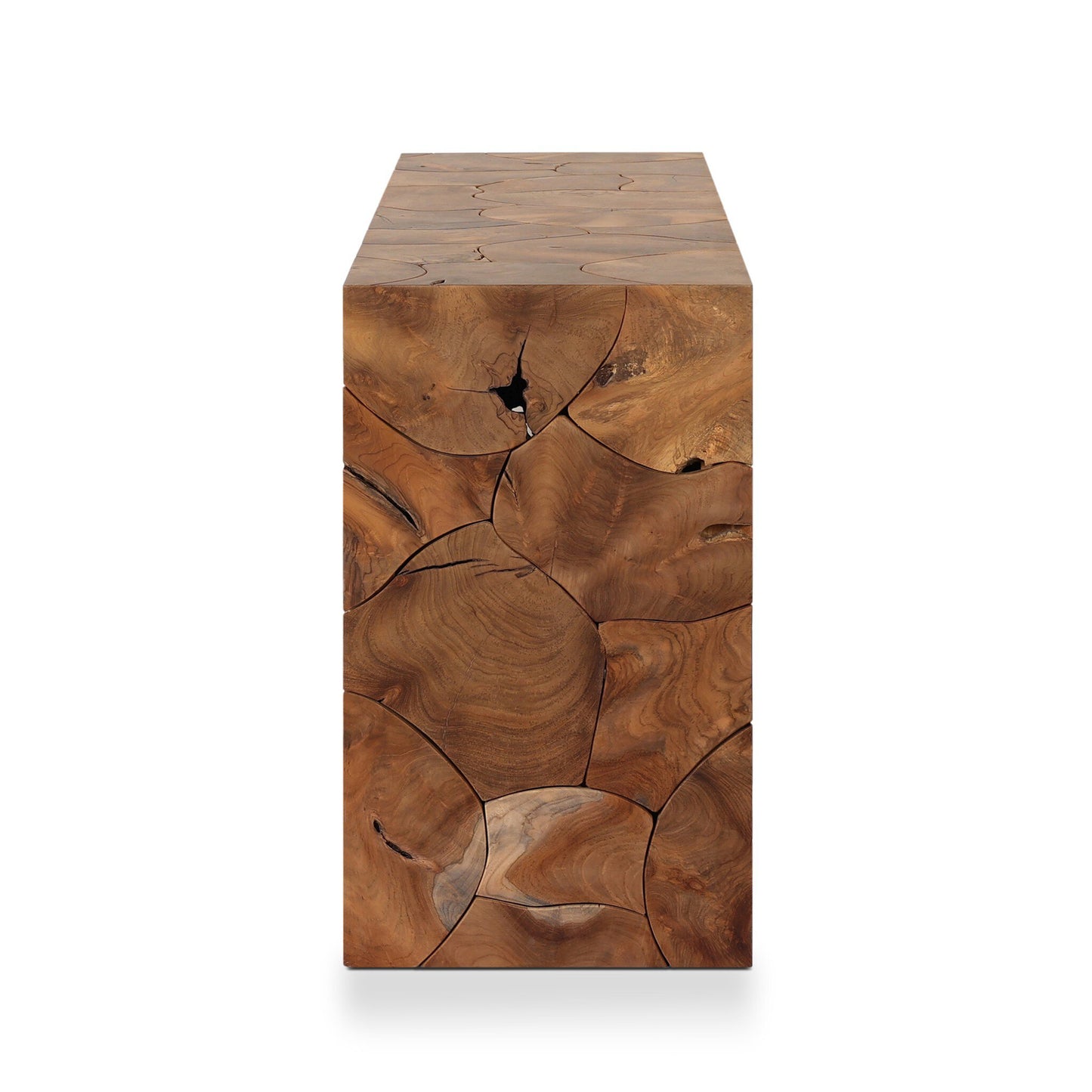The Solid Teak Sculptural Roots | Organic Console Table features a smooth rectangular top and patchwork sides of laminated teak root slices, displaying natural grain and knots for an elegant look. Shown against a white background.