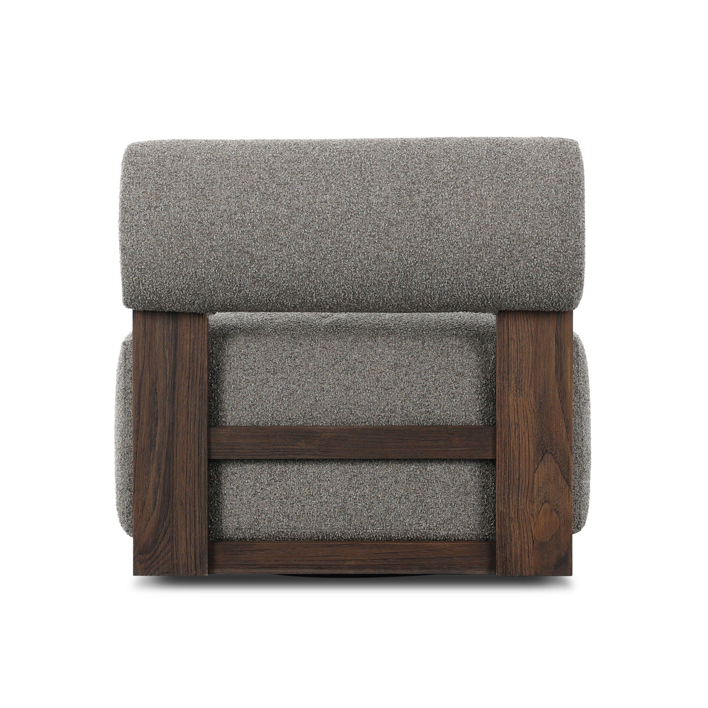 The FSC Teak & Olefin Swivel Outdoor Accent Chair features a modern gray upholstered seat, teak frame, rectangular back cushion, and two vertical supports joined by a horizontal bar, shown from the back.