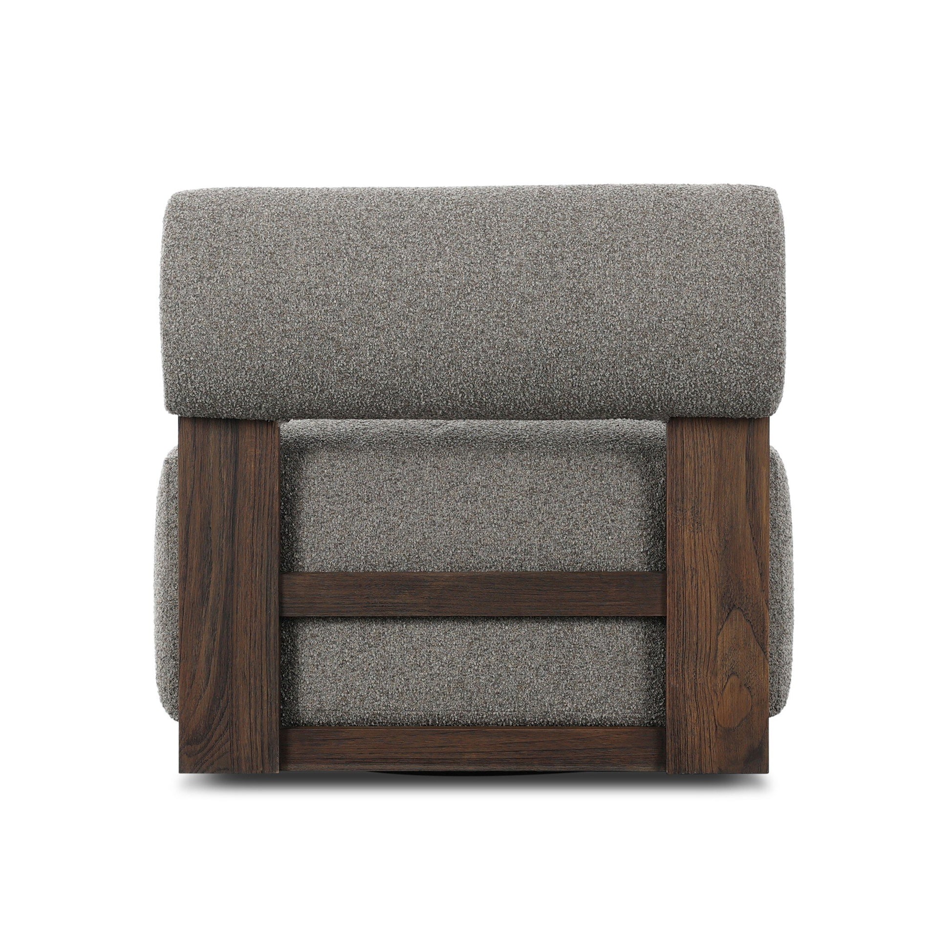 The FSC Teak & Olefin Swivel Outdoor Accent Chair features a modern gray upholstered seat, teak frame, rectangular back cushion, and two vertical supports joined by a horizontal bar, shown from the back.