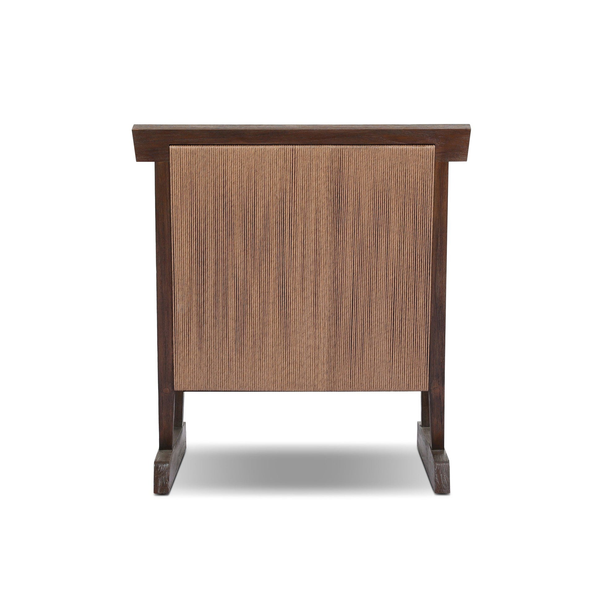 The Teak & Woven Cord Outdoor Accent Chair, set against a plain white background, features a darker frame and legs with a lighter wood panel center inspired by woven cord styling.