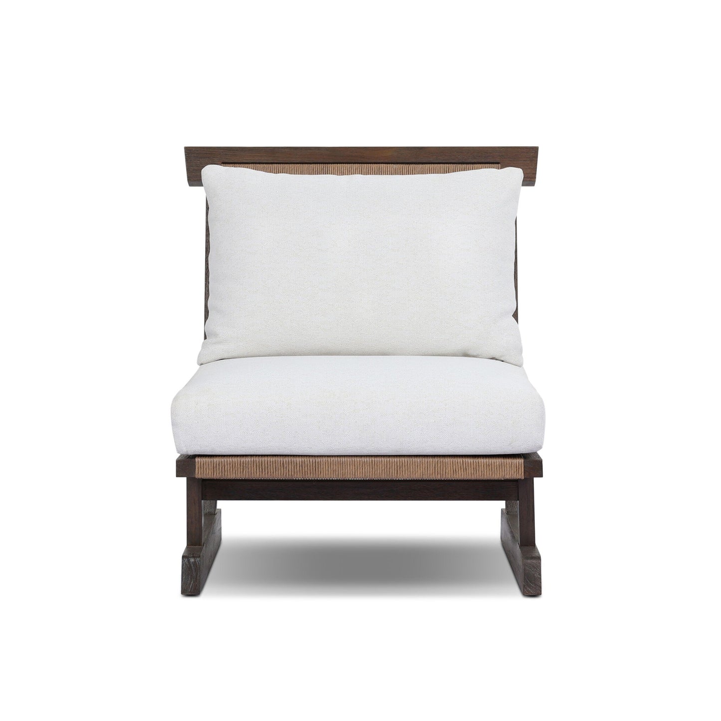 The Teak & Woven Cord Outdoor Accent Chair showcases a wide seat and backrest with thick, off-white Italian upholstery cushions on a modern dark wooden frame, displayed against a plain white background.