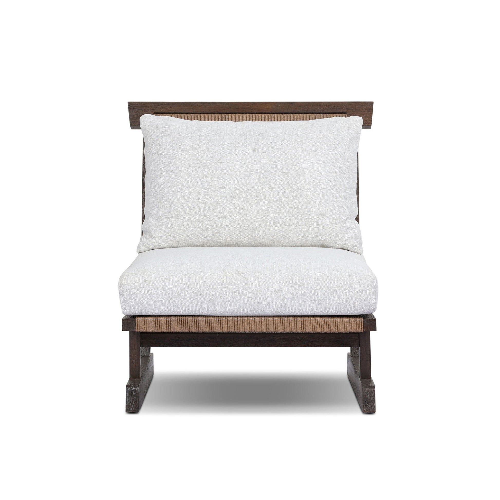The Teak & Woven Cord Outdoor Accent Chair showcases a wide seat and backrest with thick, off-white Italian upholstery cushions on a modern dark wooden frame, displayed against a plain white background.