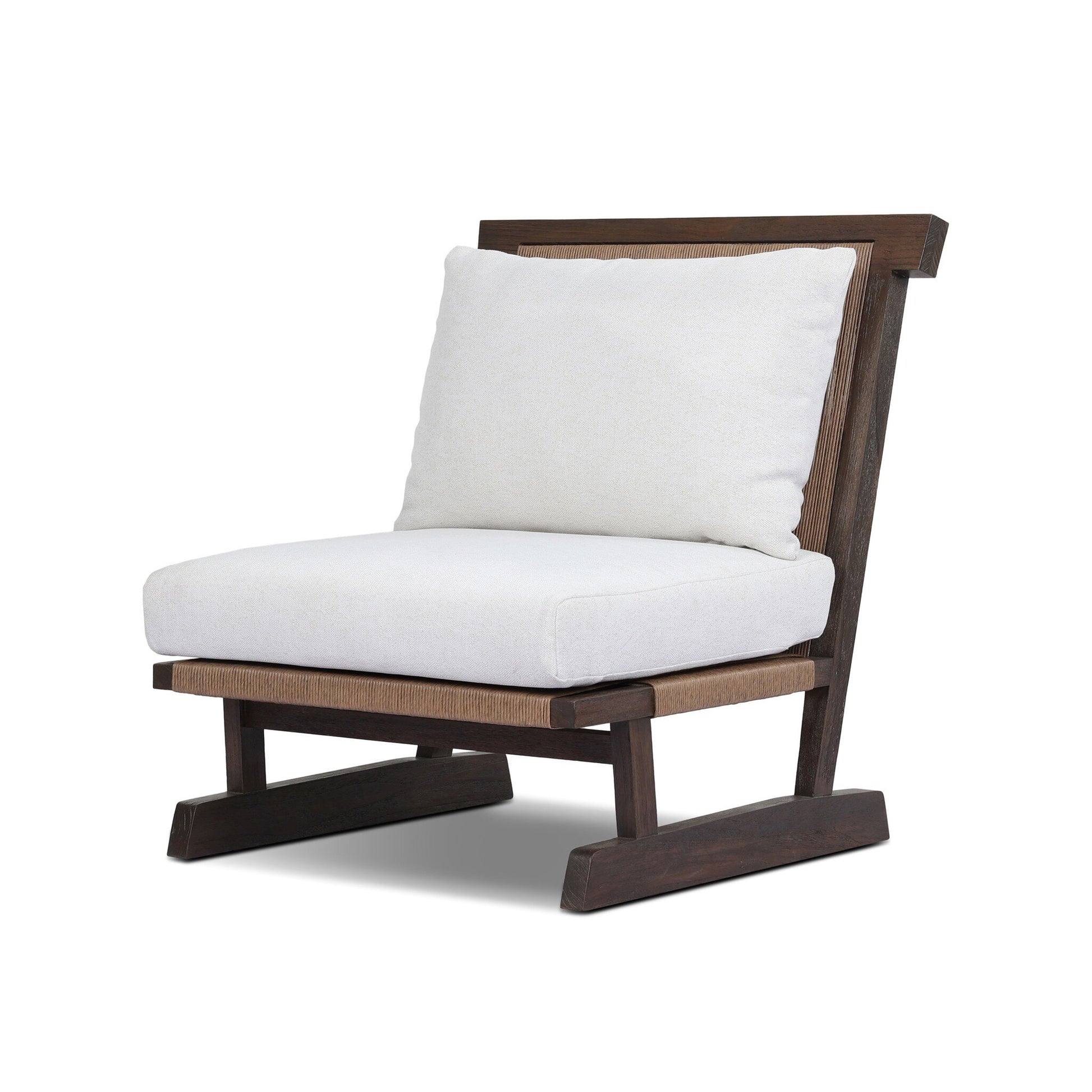 The Teak & Woven Cord Outdoor Accent Chair features a sleek teak wooden frame, angled backrest, and thick woven cord seat, shown against a white background.