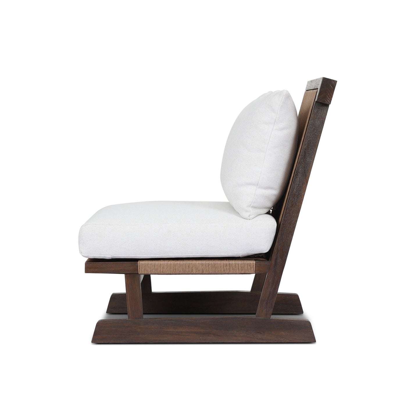 Side view of the Teak & Woven Cord Outdoor Accent Chair, featuring a modern armless design with a teak wooden frame and light woven cord seat, set against a white background.