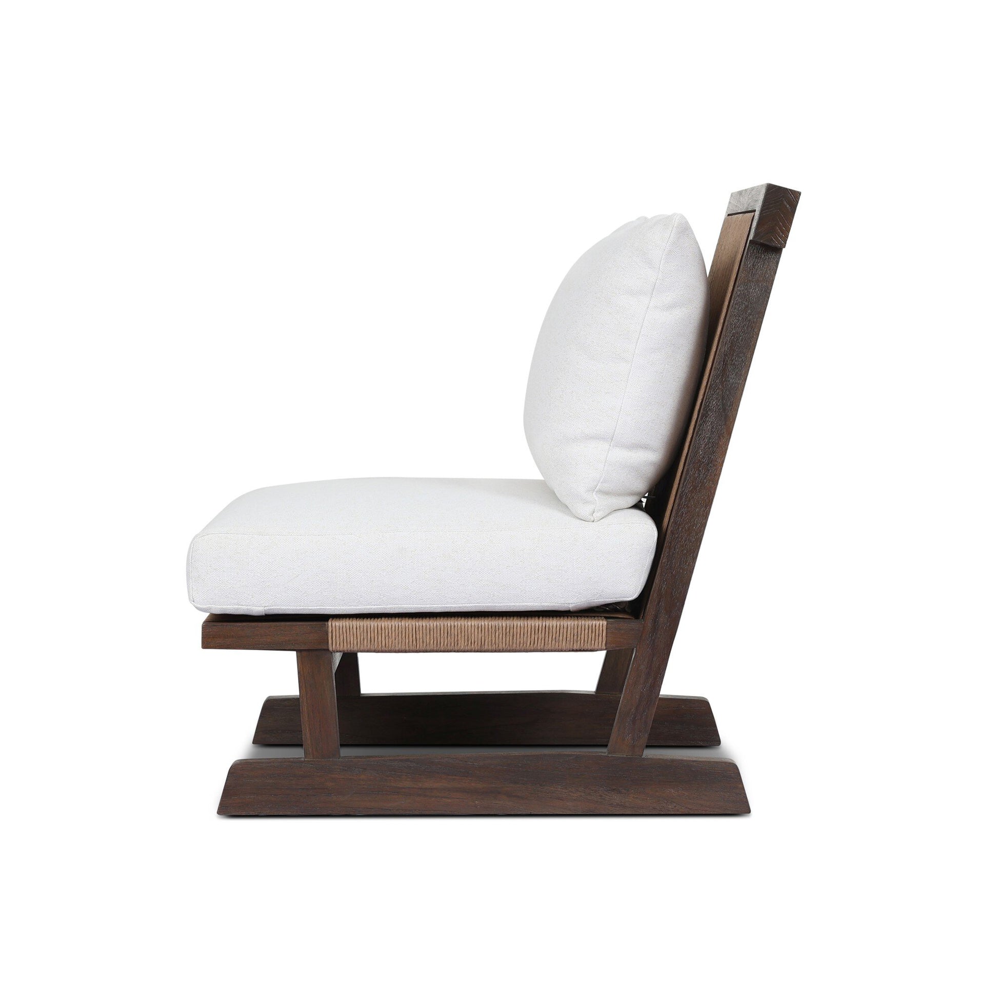 Side view of the Teak & Woven Cord Outdoor Accent Chair, featuring a modern armless design with a teak wooden frame and light woven cord seat, set against a white background.