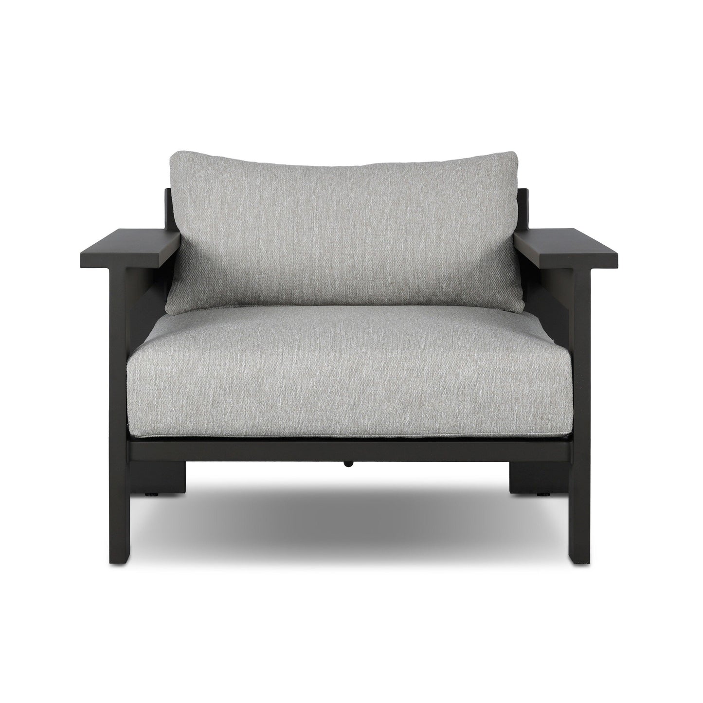 The Aluminum Angular Accent | Outdoor Chair features a light gray cushioned seat and backrest, with wide black aluminum armrests and frame. Shown from the front against a white background; overall dimensions available upon request.