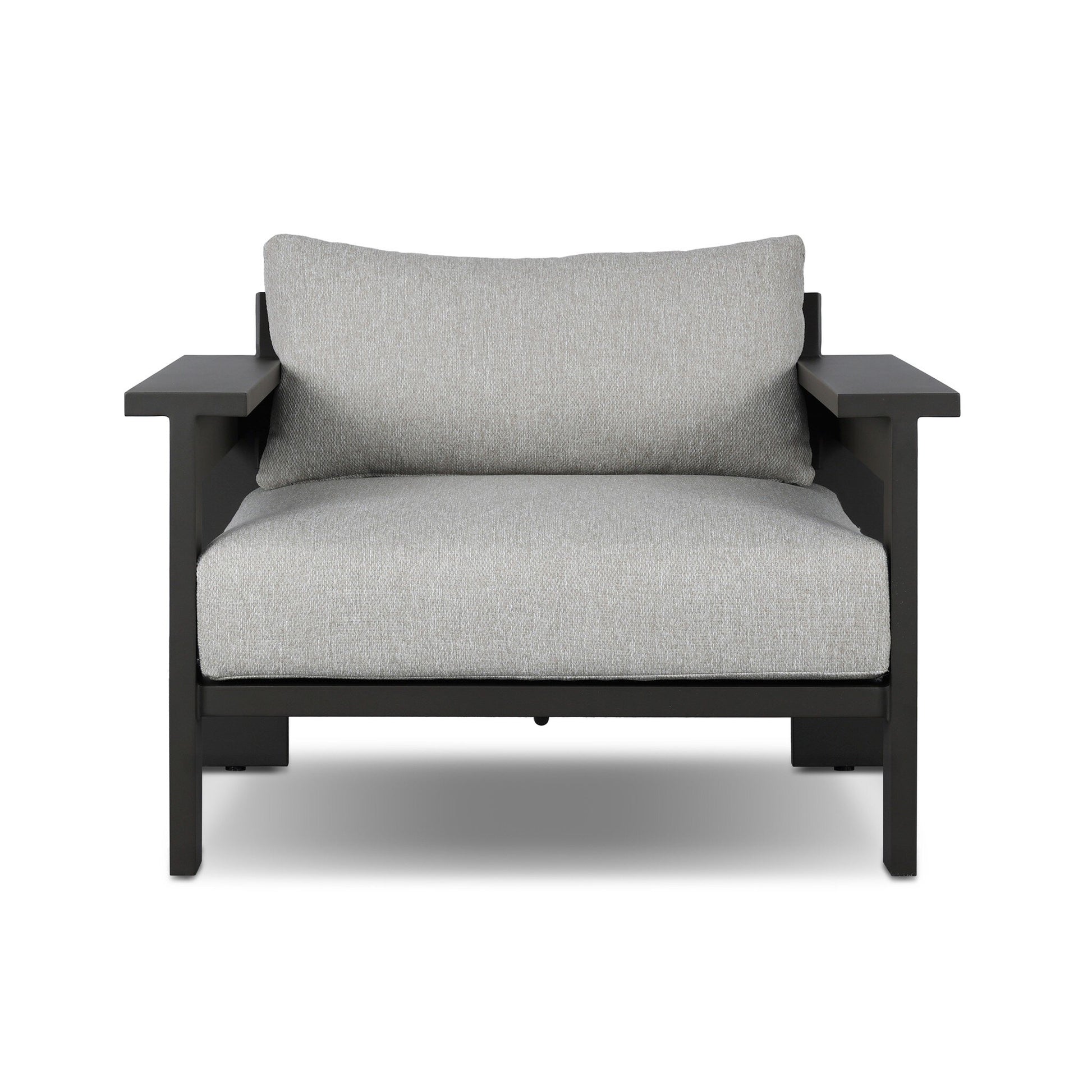 The Aluminum Angular Accent | Outdoor Chair features a light gray cushioned seat and backrest, with wide black aluminum armrests and frame. Shown from the front against a white background; overall dimensions available upon request.