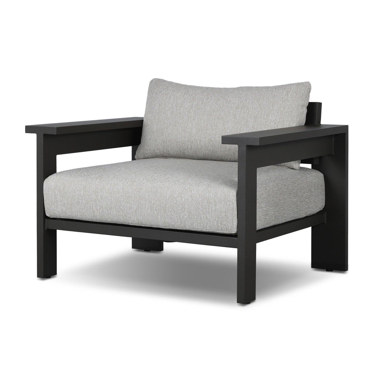 The Aluminum Angular Accent | Outdoor Chair showcases a wide black metal frame with a light gray cushioned seat and back, offering clean lines and a modern design. Check overall dimensions to ensure the perfect fit in your space.
