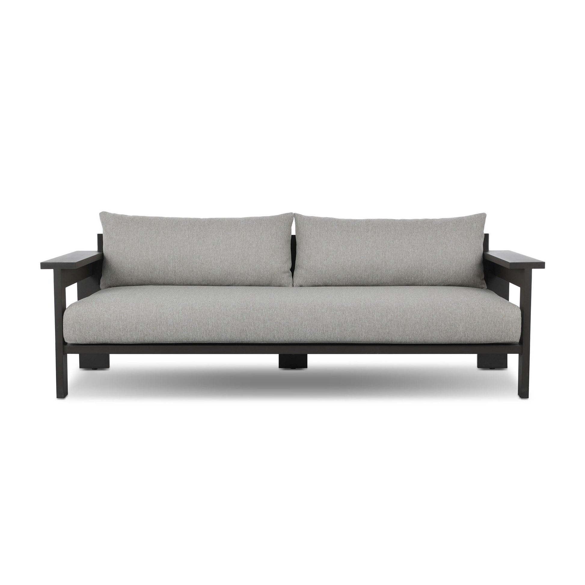 The Aluminum Angular Detailing | Outdoor Sofa is a modern three-seater with light gray cushions and sleek deep bronze aluminum framing, shown from the front against a white background.