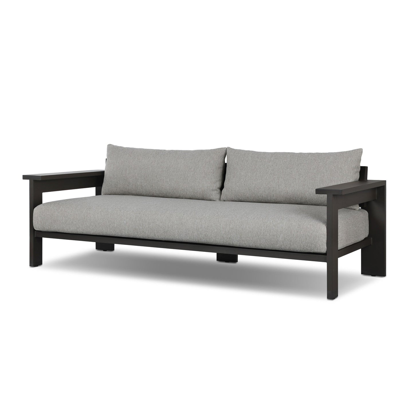 The Aluminum Angular Detailing | Outdoor Sofa features deep bronze aluminum framing, wide armrests, and light gray cushioned seat and backrest, shown on a white background.