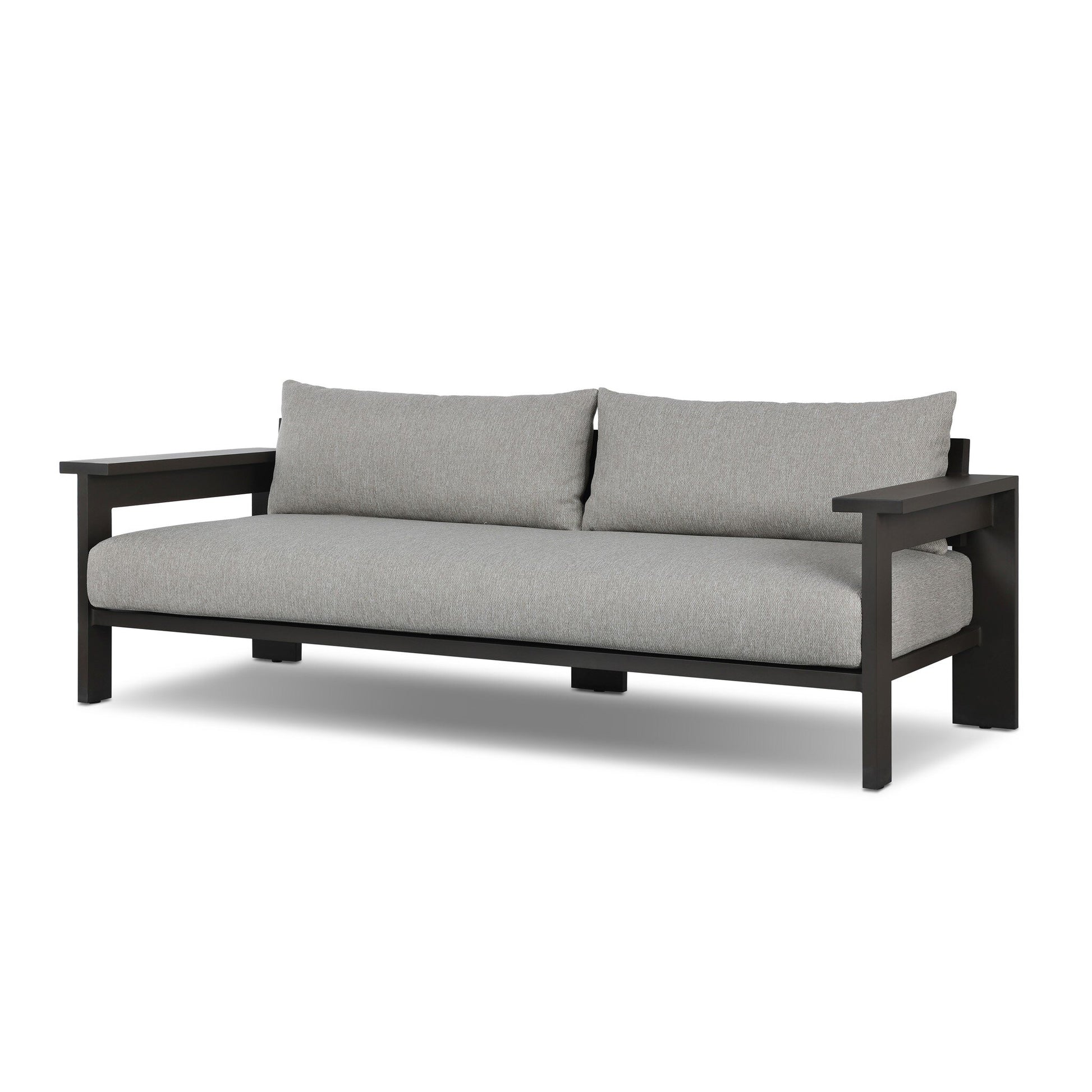 The Aluminum Angular Detailing | Outdoor Sofa features deep bronze aluminum framing, wide armrests, and light gray cushioned seat and backrest, shown on a white background.