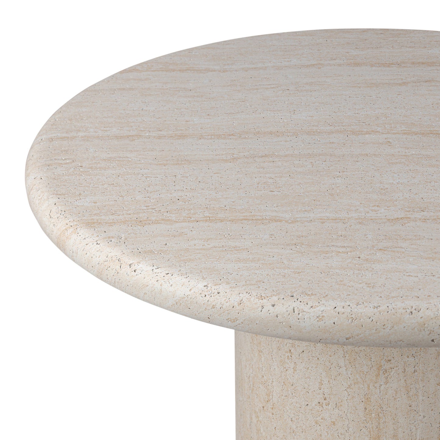 Close-up of the edge and surface of the round Textured Sand Concrete Pedestal Outdoor Coffee Table, featuring a smooth, light beige finish with subtle texture.