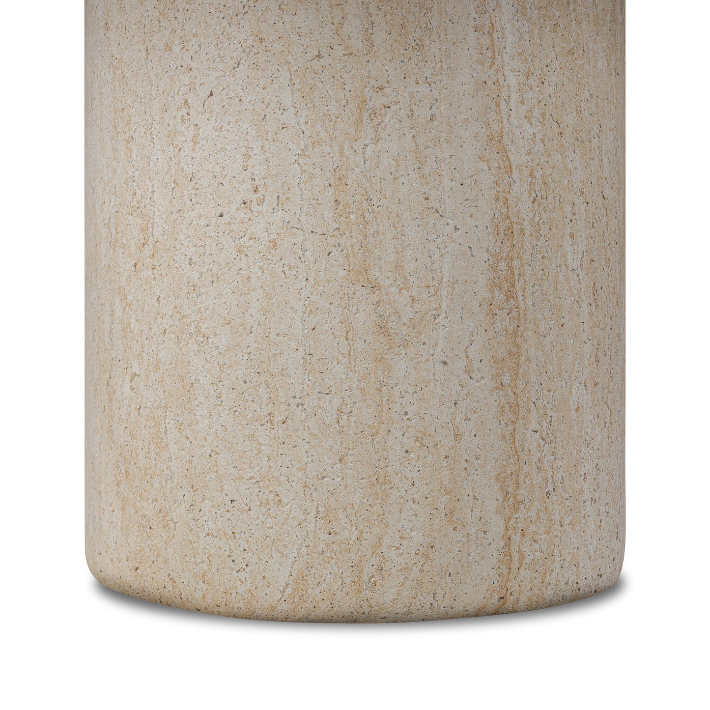 Close-up of the Textured Sand Concrete Pedestal Outdoor Coffee Table with a smooth, beige, stone-like surface featuring subtle veining, textured details, and a rounded pedestal silhouette casting a soft shadow on a white background.