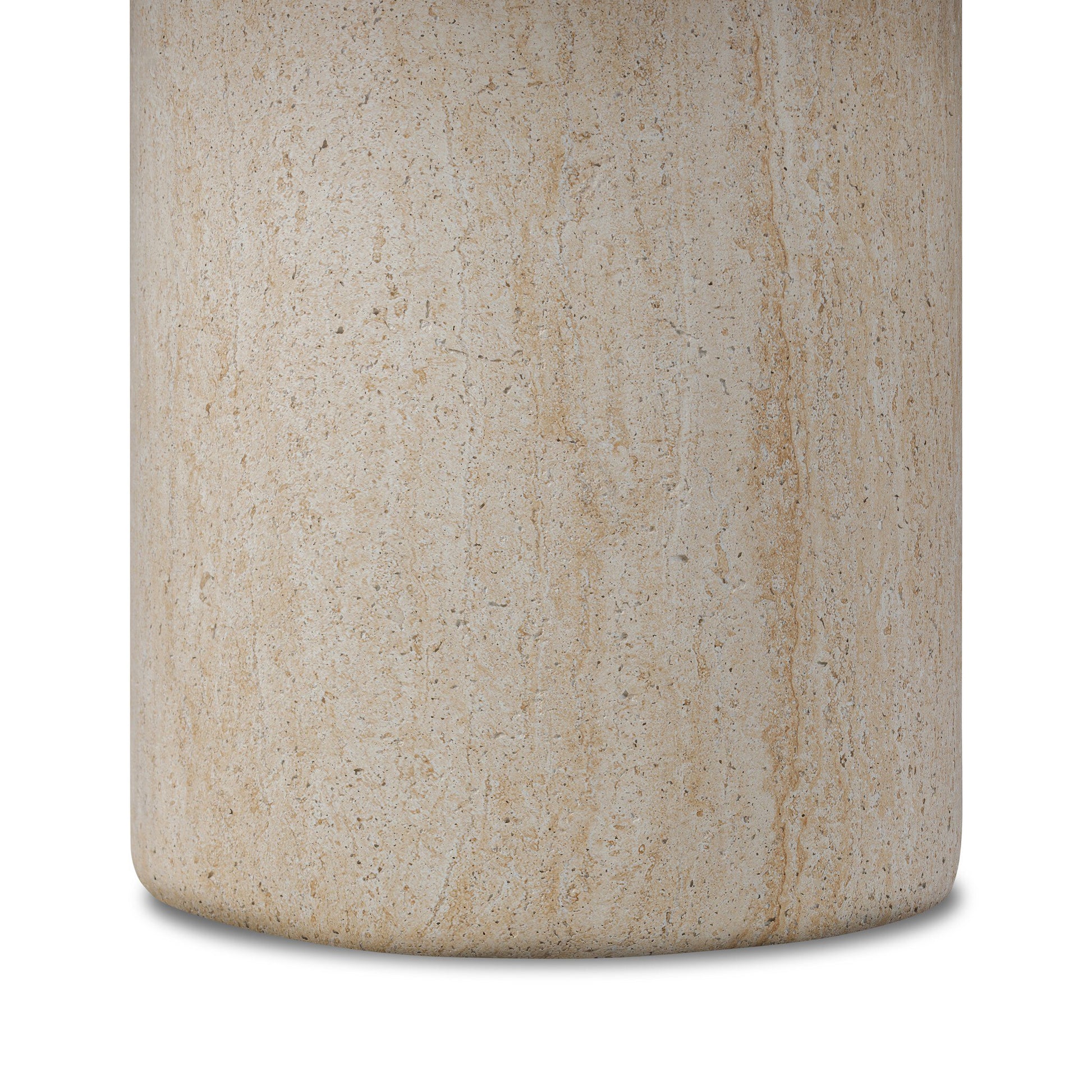 Close-up of the Textured Sand Concrete Pedestal Outdoor Coffee Table with a smooth, beige, stone-like surface featuring subtle veining, textured details, and a rounded pedestal silhouette casting a soft shadow on a white background.