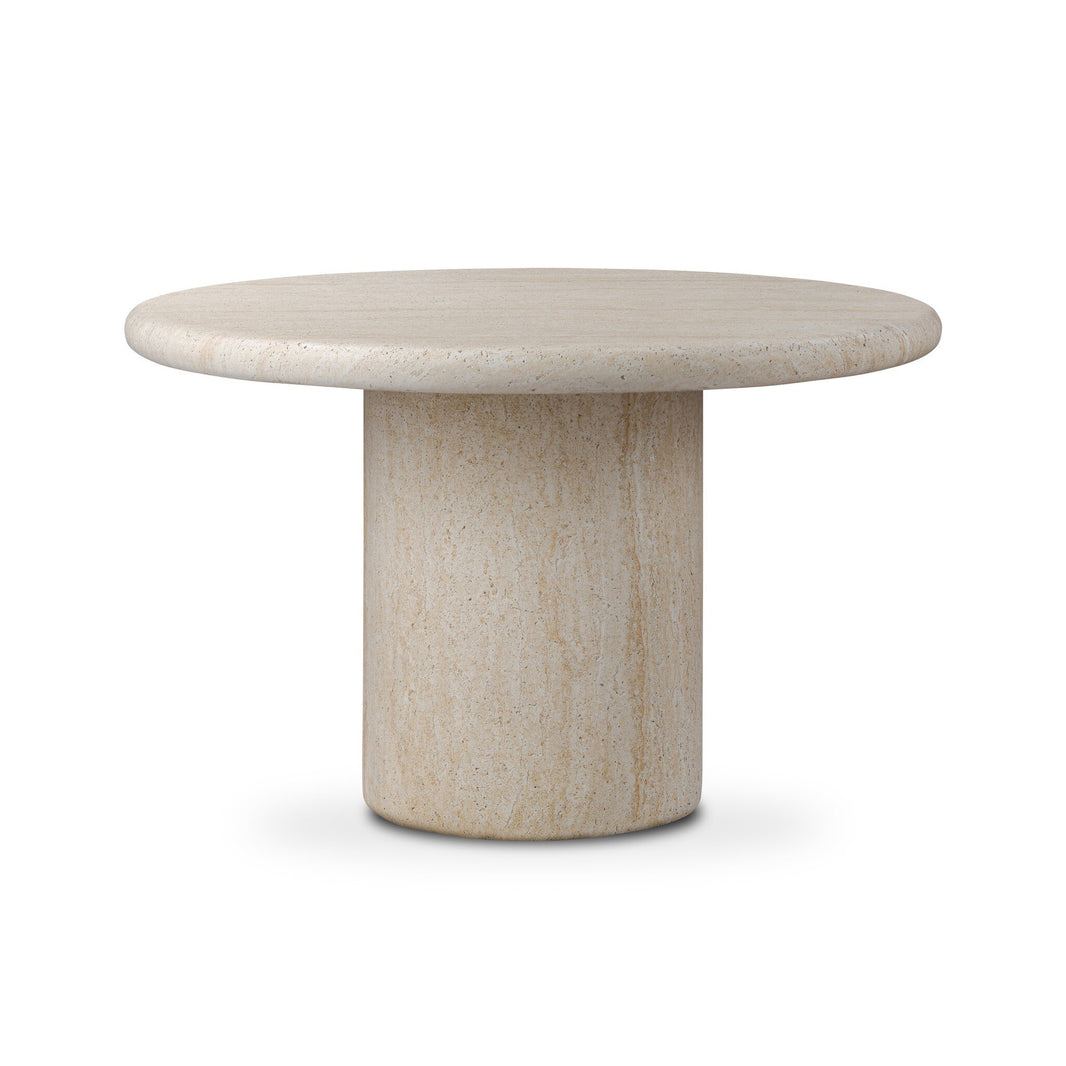 The Textured Concrete Pedestal Outdoor Dining Table features a round, beige, marble-like top and thick cylindrical base, ideal for outdoor dining. Its smooth surface stands out elegantly against a white background.