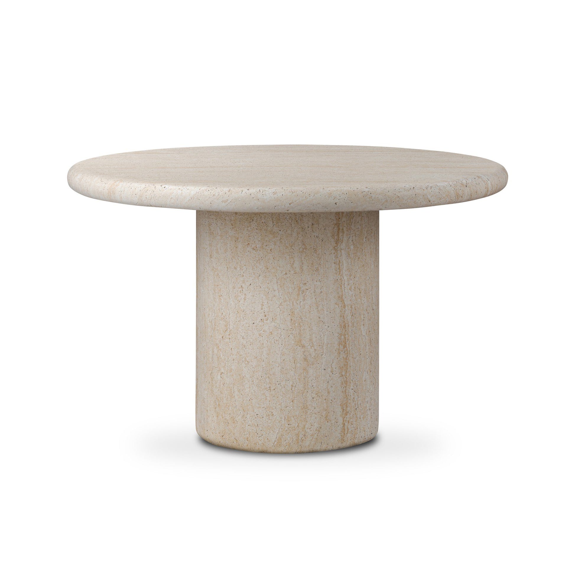 The Textured Concrete Pedestal Outdoor Dining Table features a round, beige, marble-like top and thick cylindrical base, ideal for outdoor dining. Its smooth surface stands out elegantly against a white background.