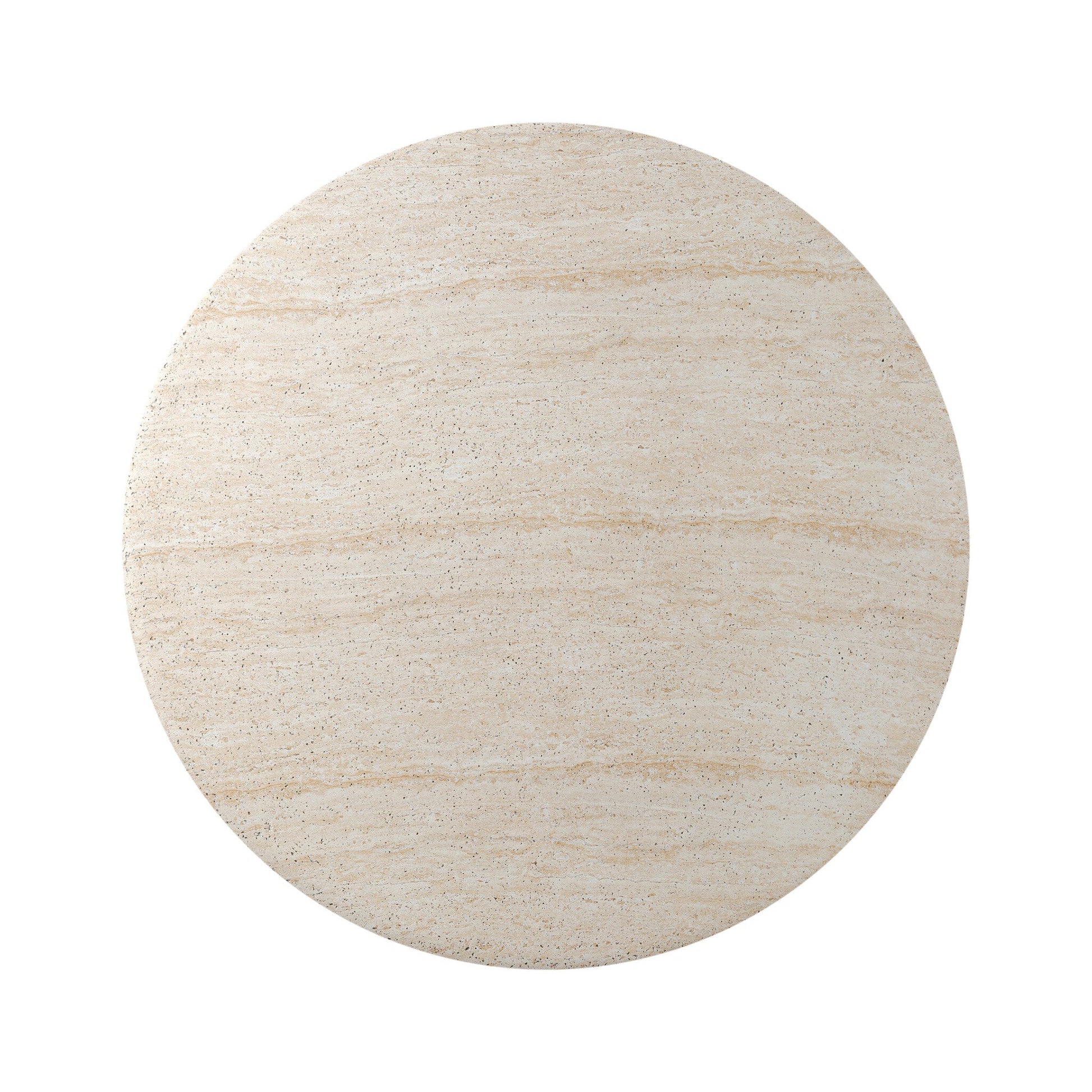 A round, flat, beige surface with natural streaks and speckles, resembling marble, is viewed from above against a white background. This is the Textured Concrete Pedestal | Outdoor Dining Table.