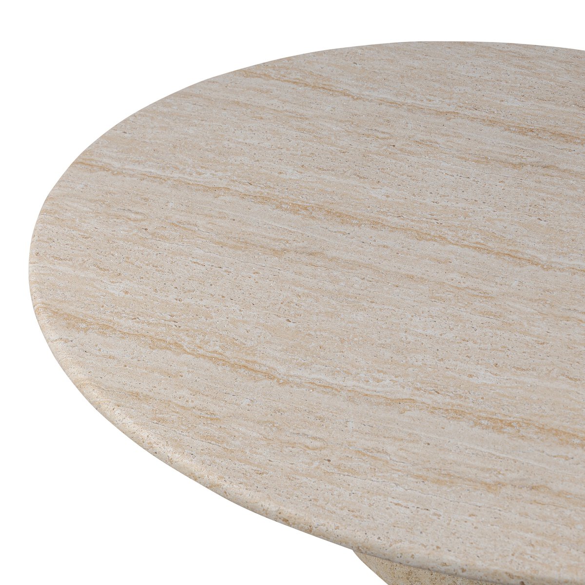 A close-up of the Poole Outdoor Coffee Table, featuring a round beige stone design with a smooth surface and natural veining patterns.