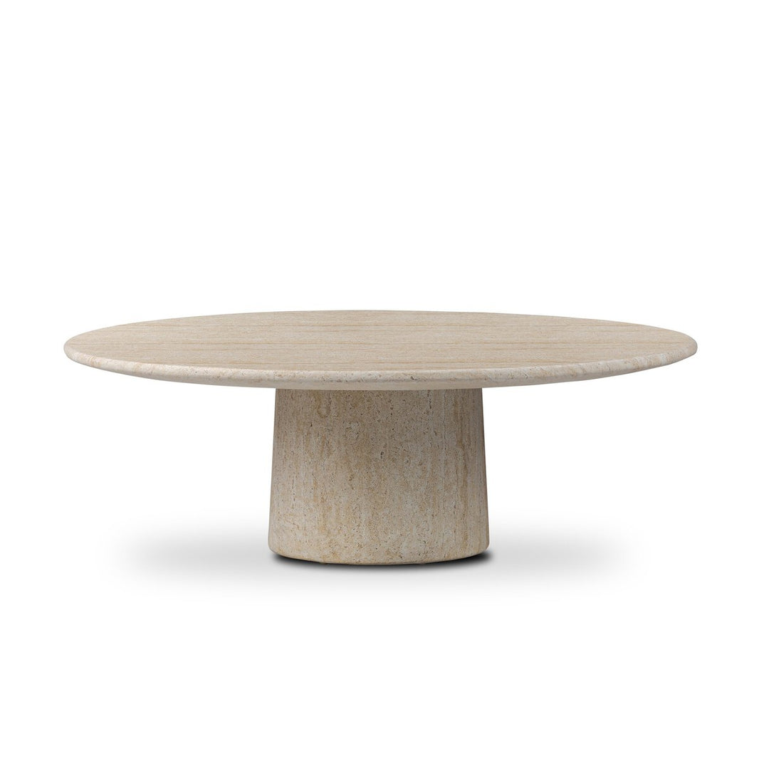 The Poole Outdoor Coffee Table features a round, light beige modern design with a thick flat top and cylindrical base, shown against a white background.