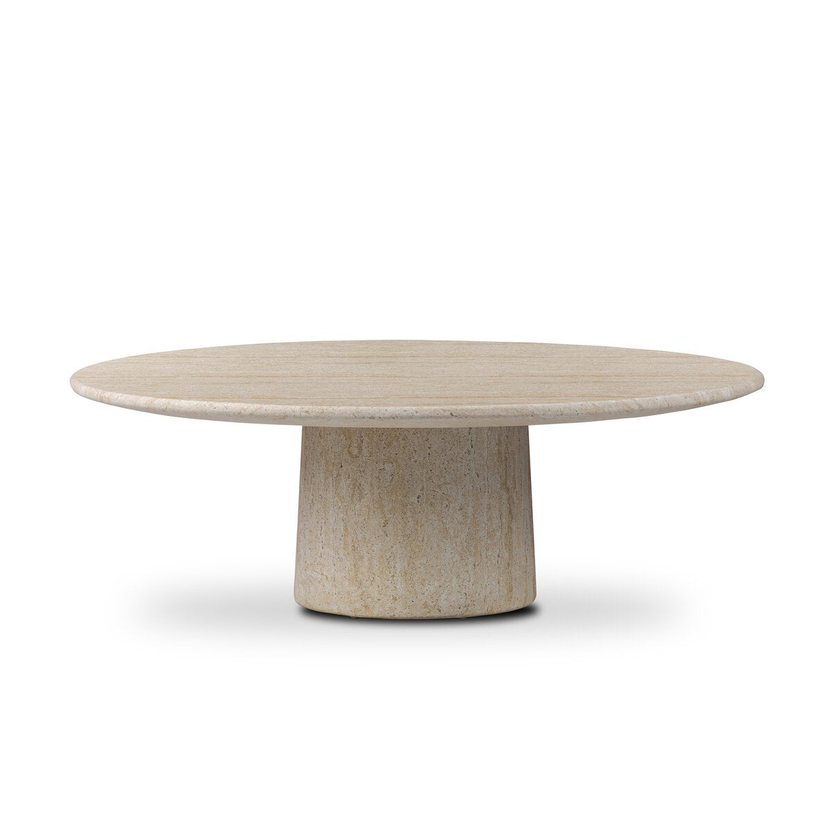 The Poole Outdoor Coffee Table features a round, light beige modern design with a thick flat top and cylindrical base, shown against a white background.